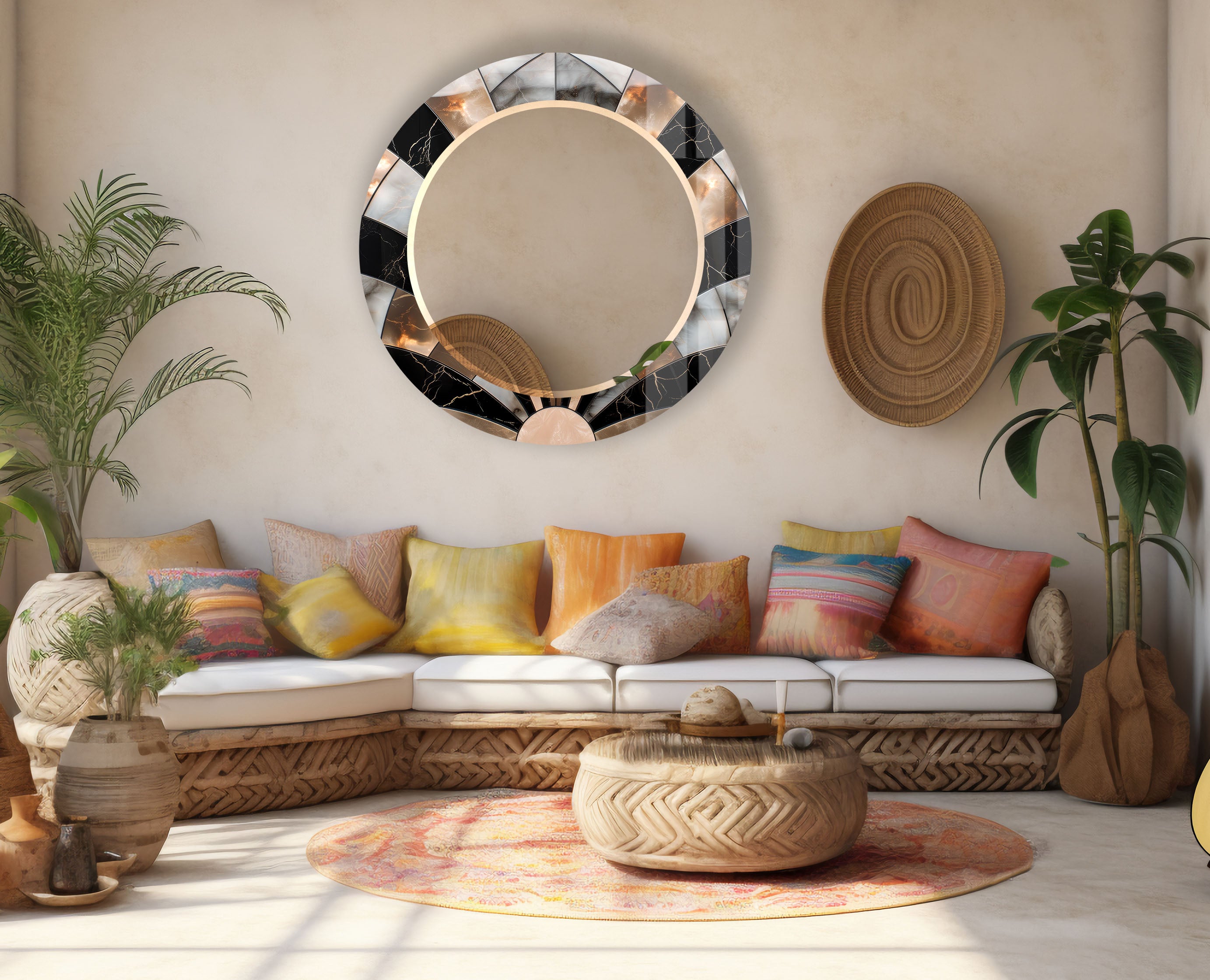 Elegant Black Marble Round Wall Mirror with Sunburst Frame - Perfect for Living Room, Bedroom, and Bathroom Decor
