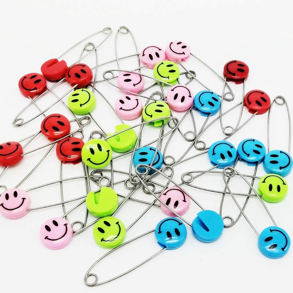 30 Pack Child Proof Safety Pins - Colorful Smile Face Plastic Head Safety Pins for Baby Clothes, Diapers & Fabric Repair - Cute & Secure for Infant Garments, DIY Crafts & Sewing Projects