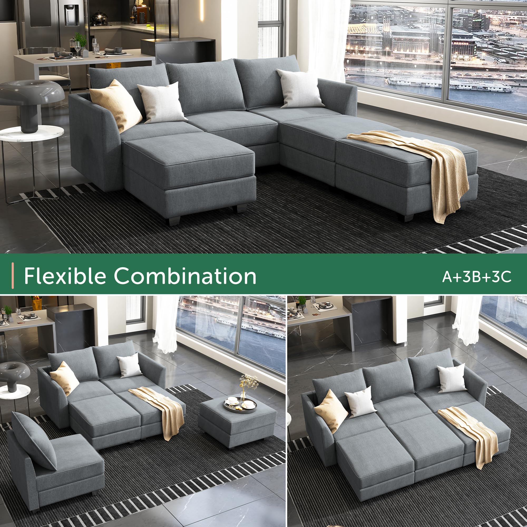 HONBAY Modular Sectional Sleeper Sofa with Storage | Convertible Reversible Chaise Sectional Couch for Living Room | Bluish Grey | Perfect for Small Spaces, Guest Rooms & Home Theater Lounging