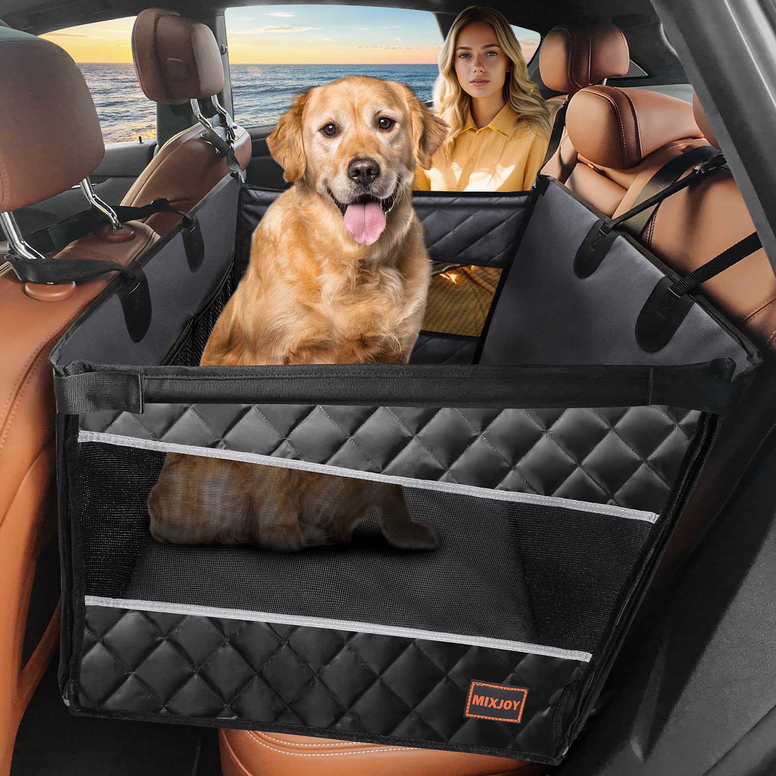 **MIXJOY Waterproof Dog Car Seat for Large & Medium Dogs - Back Seat Extender with Storage Pocket, Pet Seat Cover for Cars, SUVs & Trucks (Large) - Perfect for Road Trips & Travel Adventures**