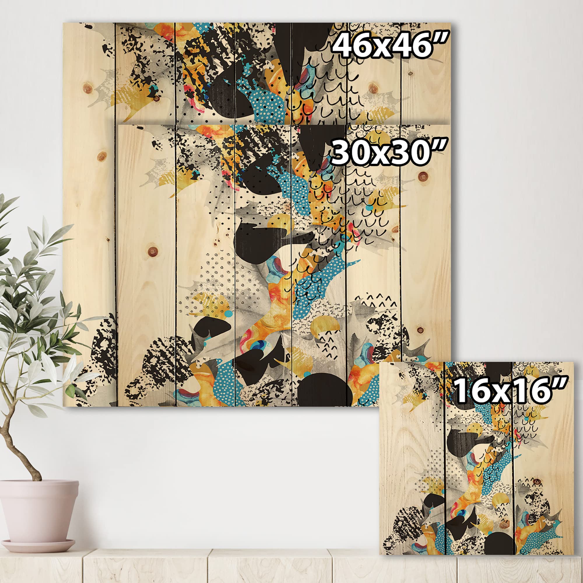Bauhaus Memphis Style Modern Wood Wall Art - Minimalist Abstract Blue Wood Wall Decor, Large Contemporary Pine Wood Panels for Living Room, Bedroom & Office Decor