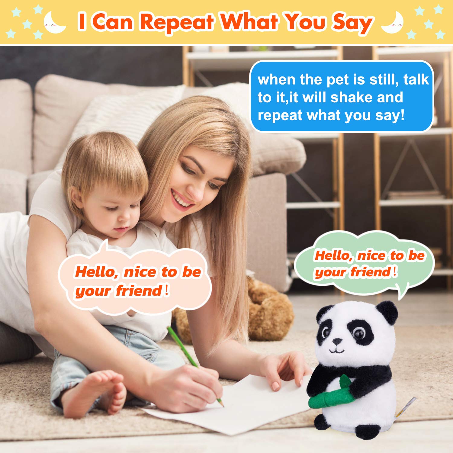 Interactive Talking Panda Plush Toy - Repeats Your Voice, Dances & Shakes - Electronic Robotic Stuffed Animal for Kids (6.3