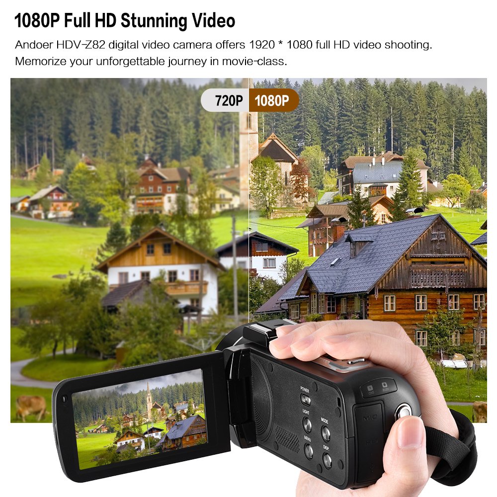 Andoer 1080P HD 24MP Digital Video Camera Camcorder with 0.39X Wide Angle Lens & Macro Lens, 3