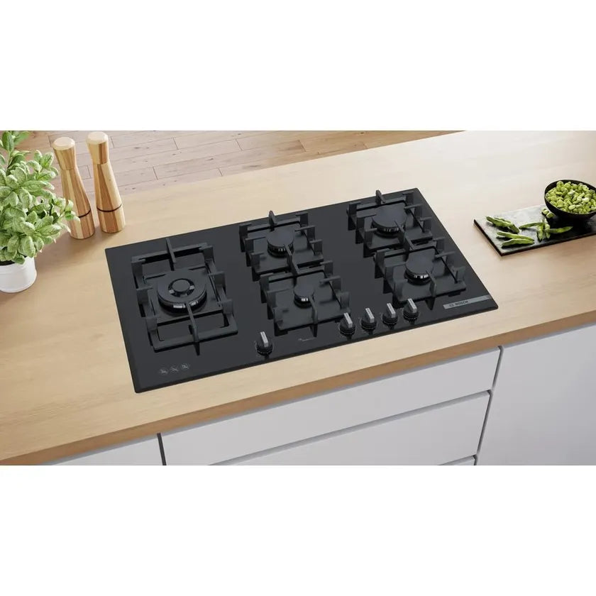 Bosch Series 6 90cm Gas Cooktop - Tempered Glass Black (PPS9A6B91A) | Professional Gas Stove for Modern Kitchen Cooking, Grilling & Entertaining