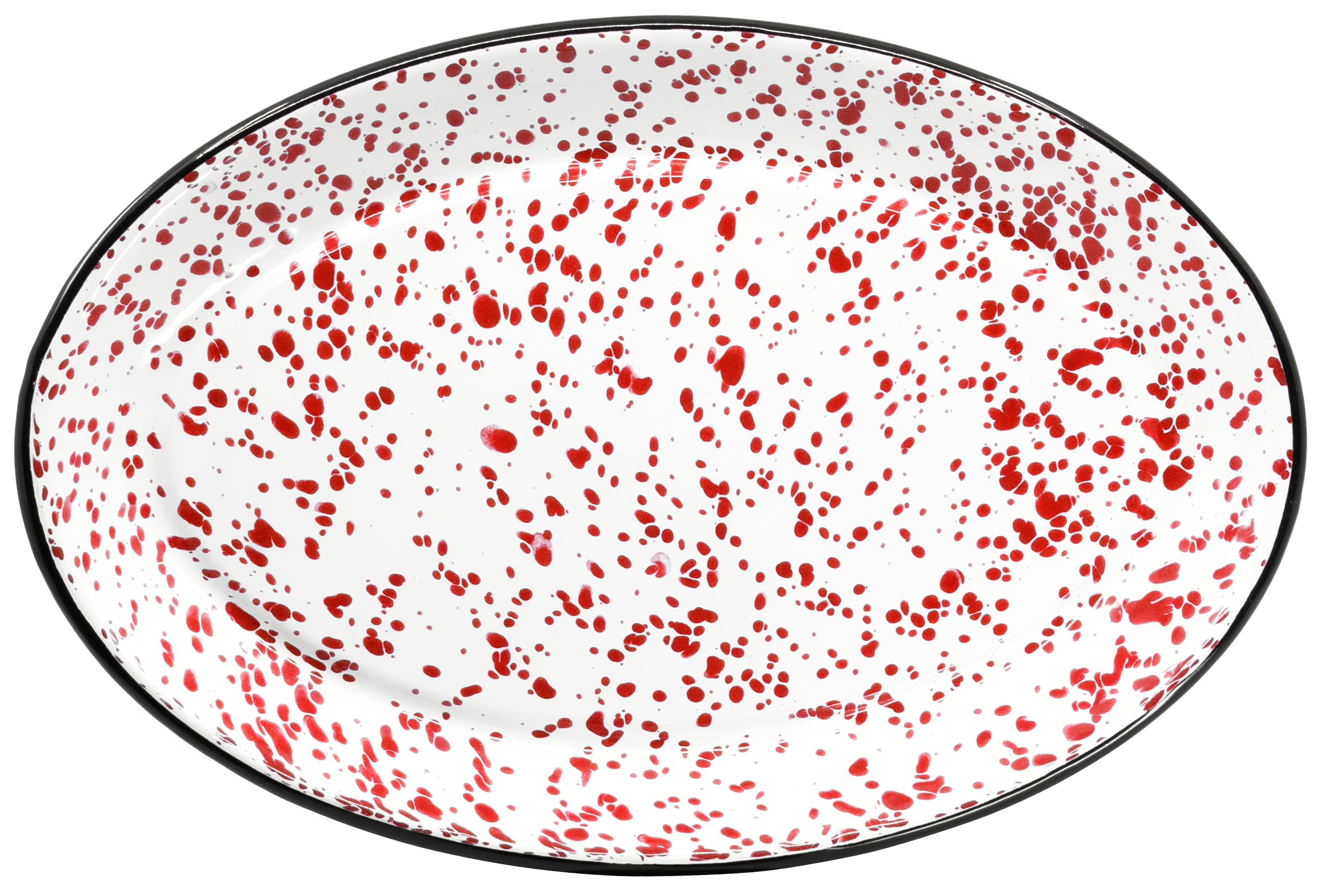 Red Co. Enamelware 13-Inch Oval Serving Tray - Classic Red Marble & Black Rim Splatter Design | Durable Metal Platter for Entertaining, Buffets & Home Decor