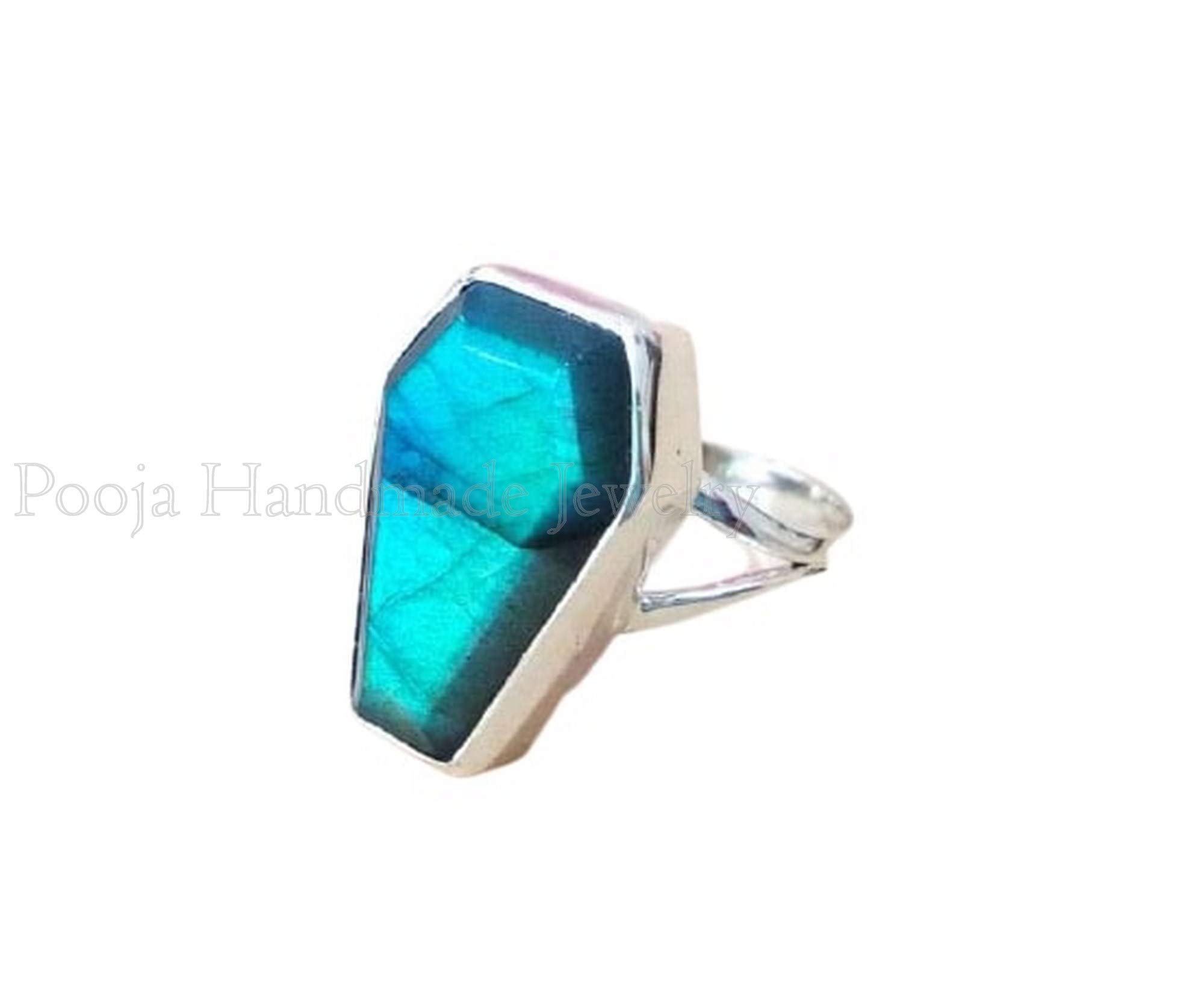 925 Silver Coffin Ring with Blue Labradorite Gemstone | Handmade Bohemian Gypsy Jewelry for Women | Wedding, Christmas Gift & Boho Fashion Accessory