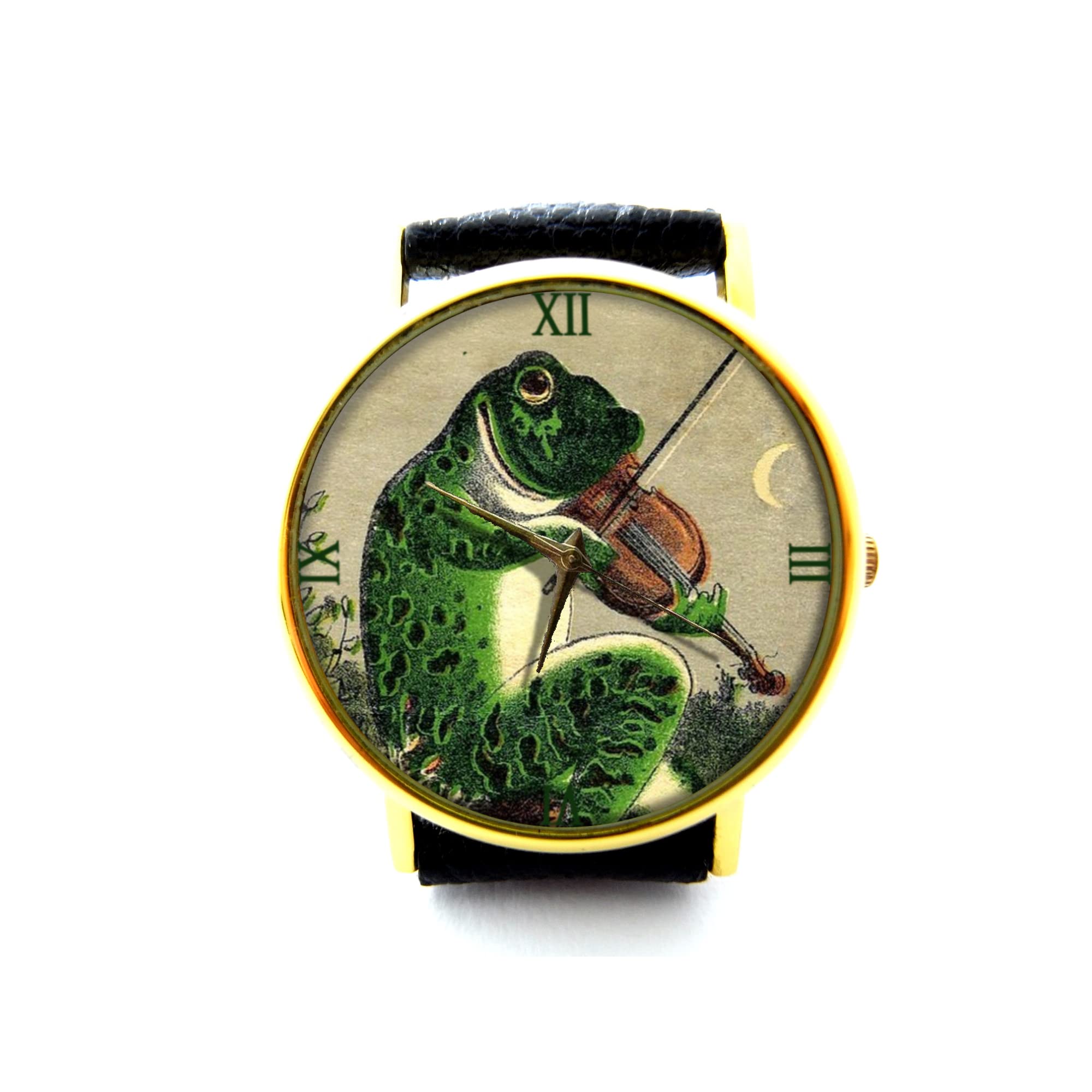 Handmade Genuine Leather Watch with Frog Playing Violin Design - Adjustable Bracelet for Men & Women | Perfect Gift for Music Lovers, Nature Enthusiasts & Fashion Accessories