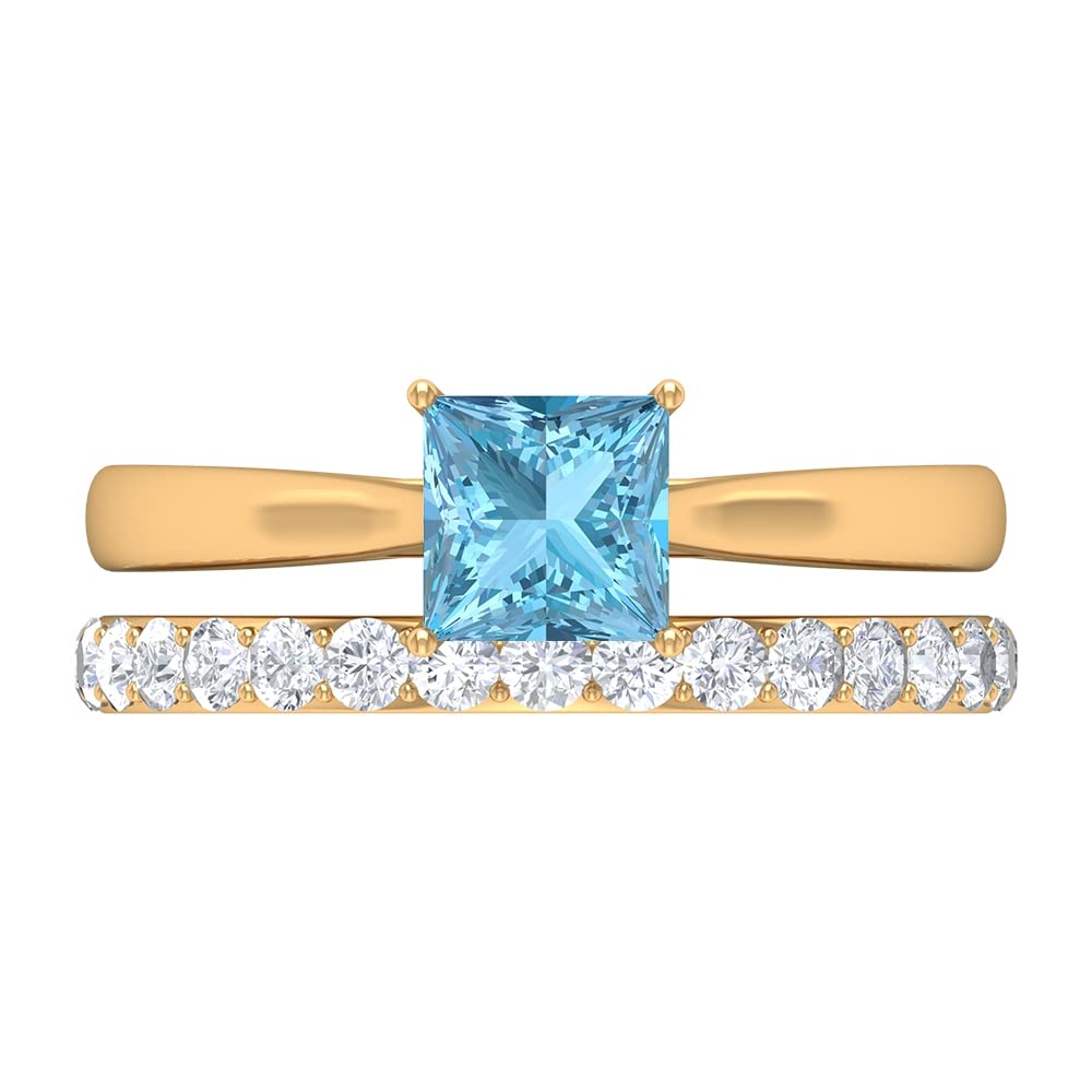 Aquamarine and Moissanite Princess Cut Ring Set - 14K Solid Gold Wedding Band & Engagement Ring for Women - Perfect for Bridal, Anniversary, and Special Occasions