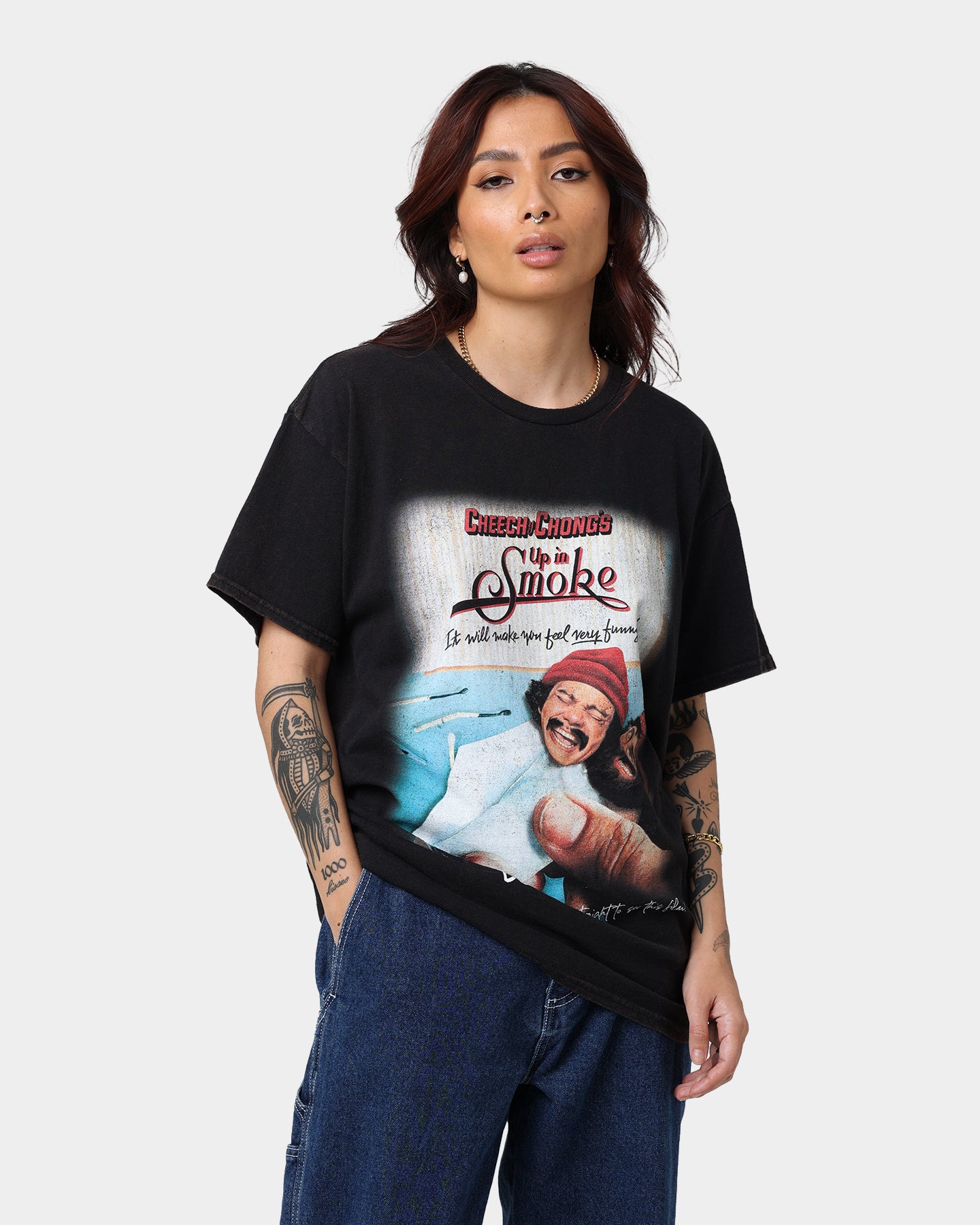 Vintage Cheech & Chong 420 Movie Poster T-Shirt - Washed Black Retro Graphic Tee for Stoner Comedy Fans & 420 Celebrations