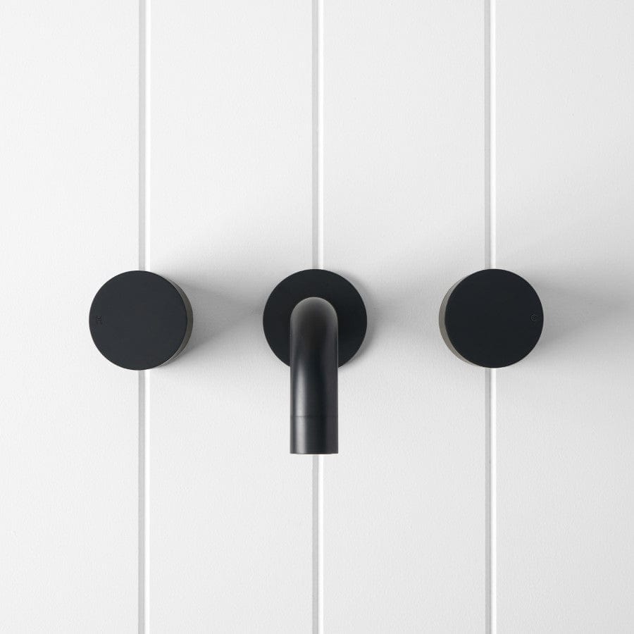 Matte Black Wall Spout with Round Wall Taps - Modern Bathroom Faucet for Sink and Vanity - Perfect for Home, Hotel, and Commercial Use