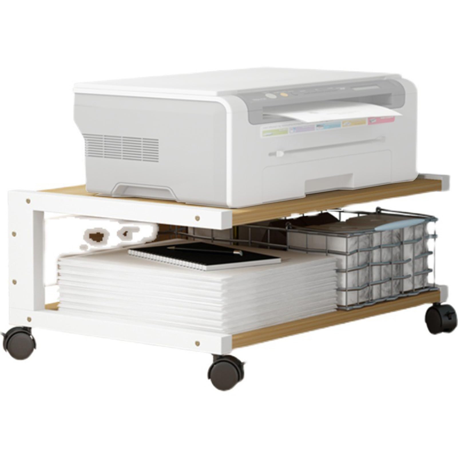 Adjustable Rolling Printer Stand with Storage - Mobile Desk Organizer with 4 Lockable Wheels for Home Office, Bedroom or Study - Perfect for Printer, Scanner & Office Supplies Organization