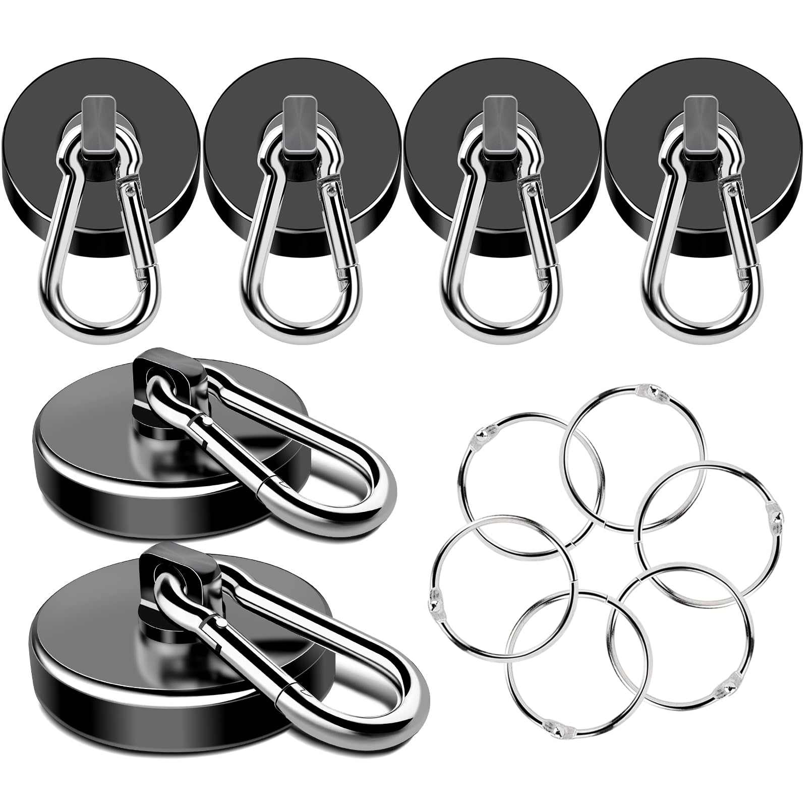 MIKEDE Heavy Duty Magnetic Hooks - 150LB Strong Neodymium Swivel Magnets with Carabiner Hooks (6 Pack) | Powerful Black Magnet Hooks for Hanging Curtains, Organizing Home & Workplace, Cruise Ship Use | Ideal for Storage, Decor & Industrial Applications