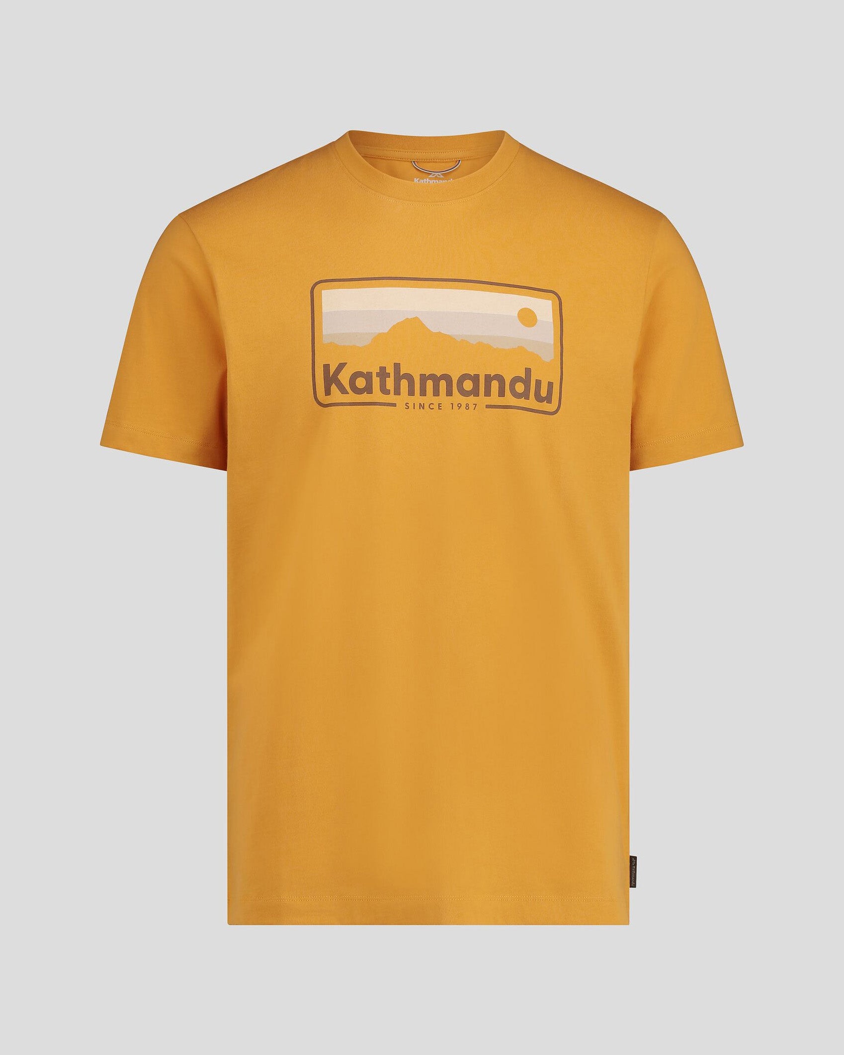 Men's Kathmandu Logo 70's Vintage Organic Cotton T-Shirt - Mustard Yellow - Casual Retro Style for Everyday Wear & Outdoor Adventures