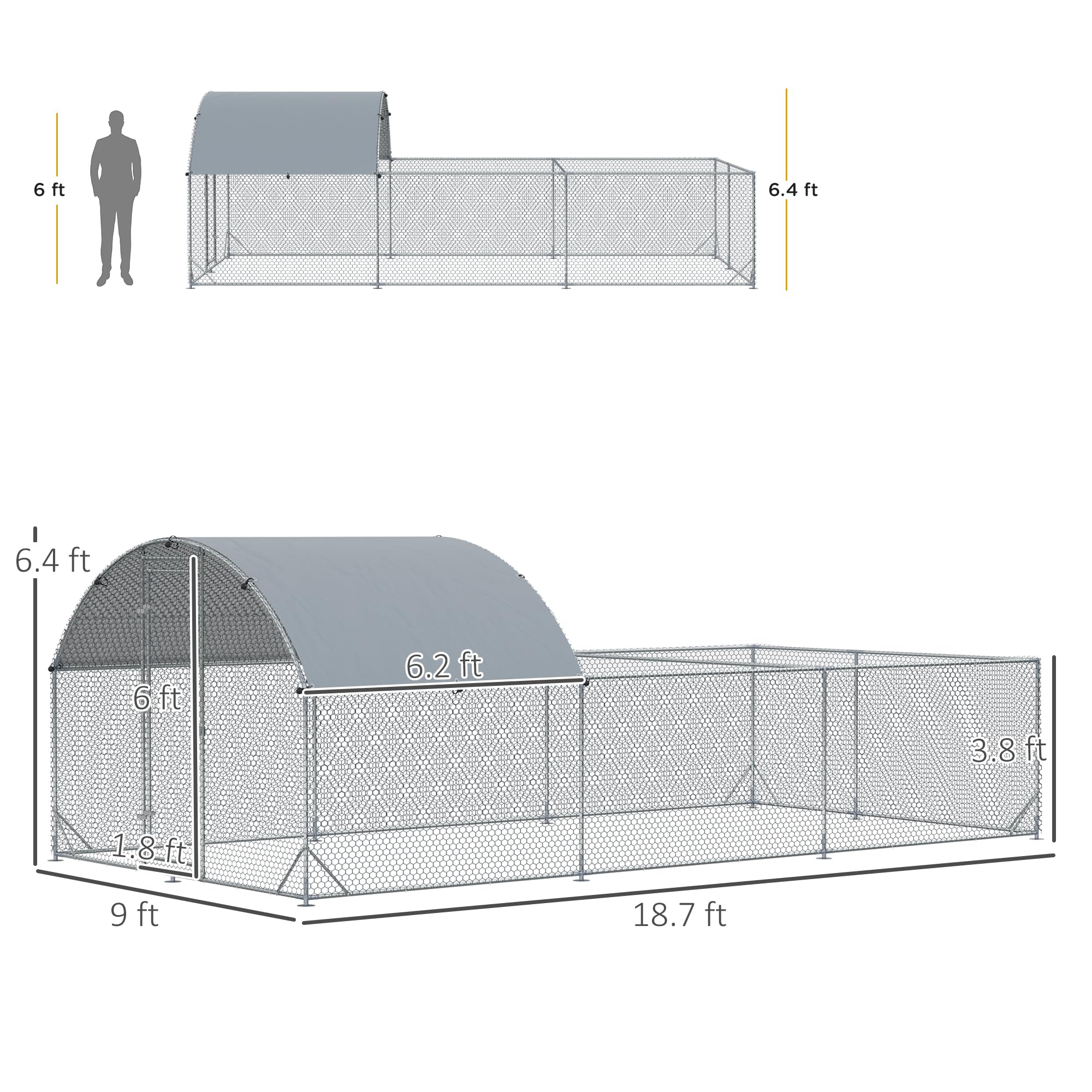 PawHut Large Metal Chicken Coop with Waterproof Anti-UV Cover - 9.2' x 18.7' x 6.4' Walk-in Dome Cage for Hens, Outdoor Yard & Farm Use - Durable 1
