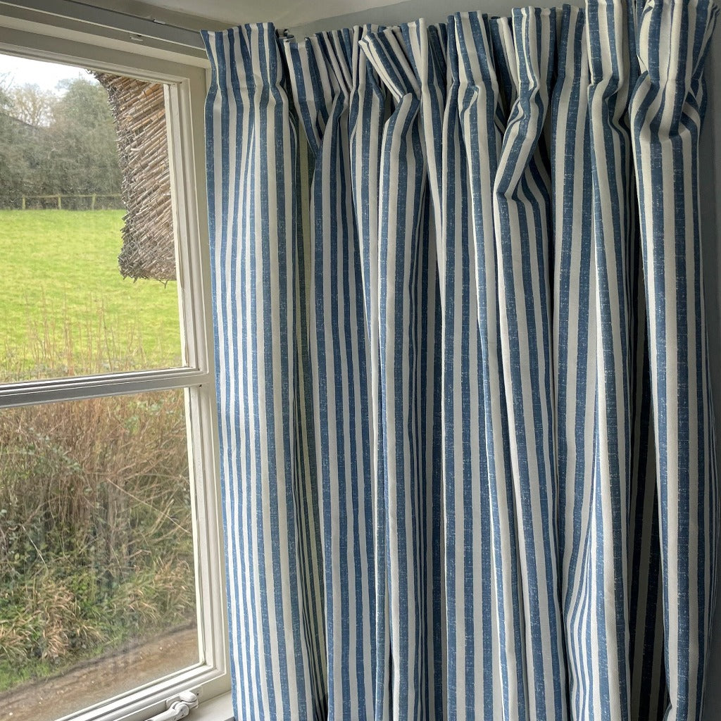 Lulworth Stripe Fabric - French Blue on White Cotton Upholstery Material for Sofa, Curtains & Home Decor