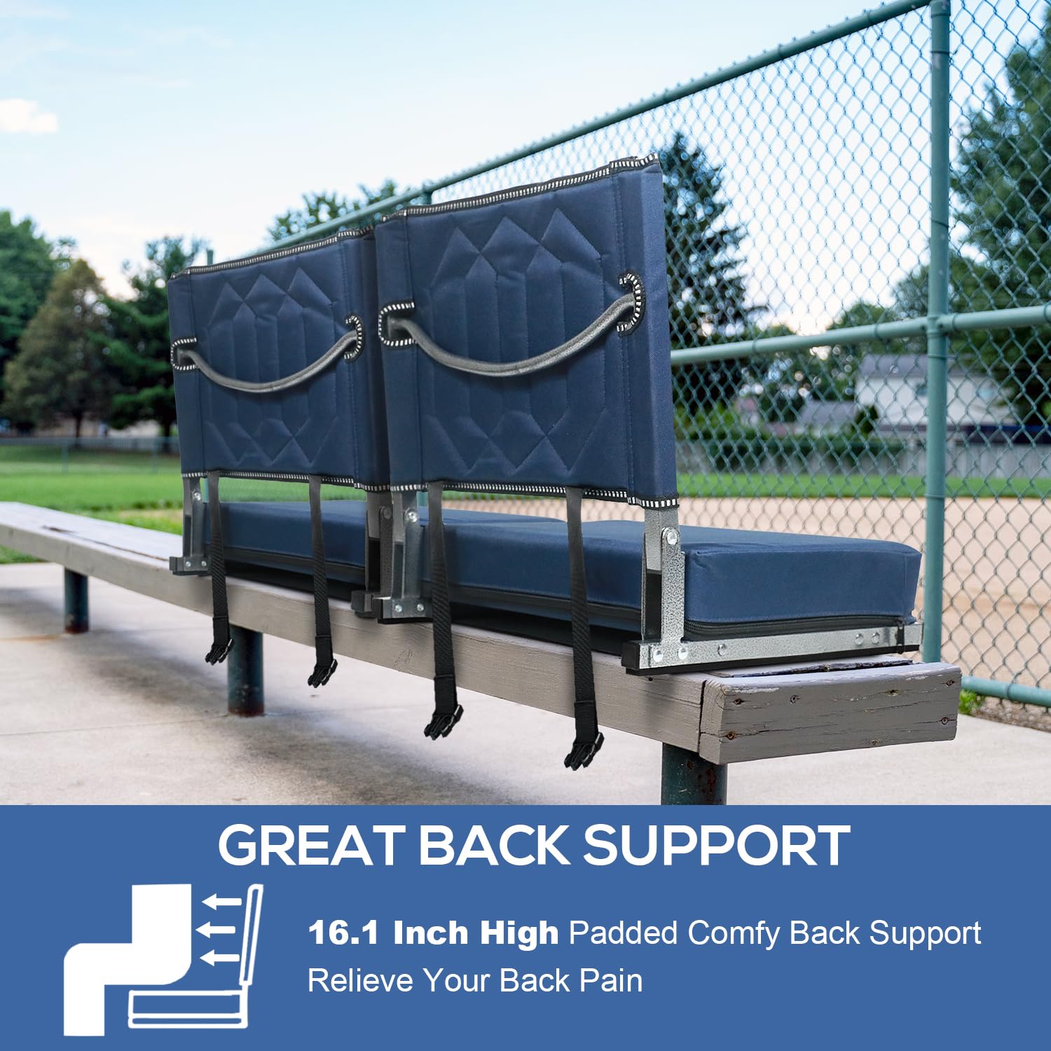 Portable Folding Stadium Chair with Back Support & Cushion - Wide Bleacher Seats with Shoulder Strap, Carry Handle & Storage Pockets - Perfect for Sports Games, Concerts & Outdoor Events