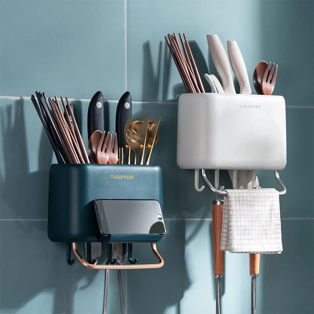 **Wall-Mounted Kitchen Utensil Organizer with Hooks - Space-Saving Cutlery Holder, Knife Rack & Towel Rack - Perfect for Small Kitchens, Apartments & RV Living (White)**