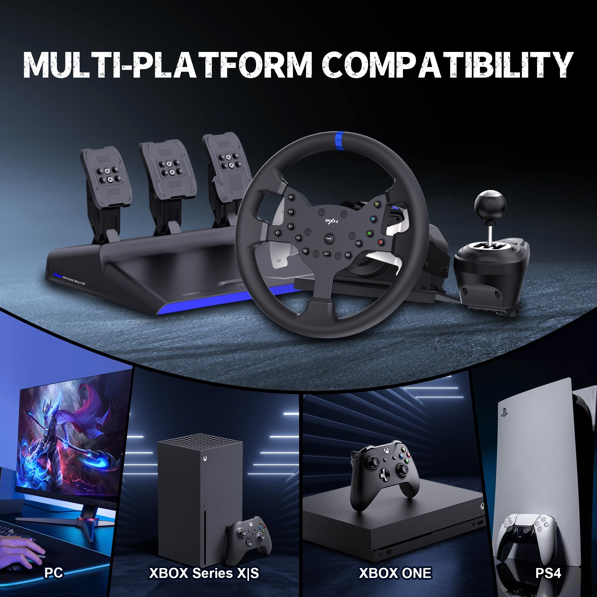 PXN V99 Force Feedback Racing Wheel - Adjustable 270° to 900° Rotation with 3-Pedal Set & Shifter - Compatible with PC, PS4, Xbox One, Xbox Series X/S - Perfect for Sim Racing, Drifting & Gaming Enthusiasts
