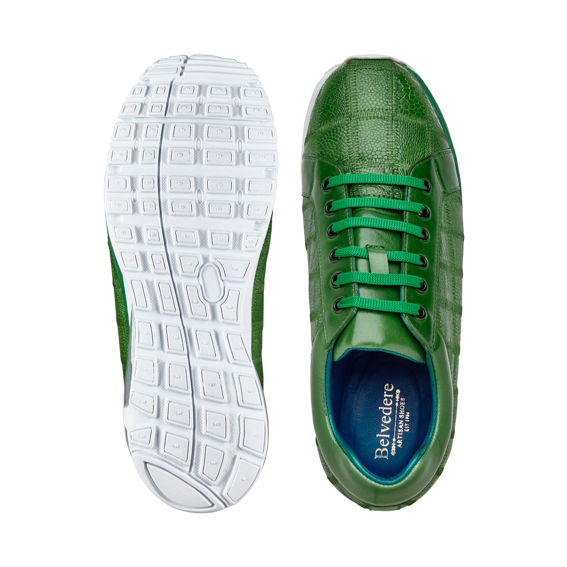 Belvedere Magnus Genuine Ostrich Leather Patchwork Sneakers - Emerald Green E21 | Luxury Casual Shoes for Men | Perfect for Business Casual, Date Night & Special Occasions
