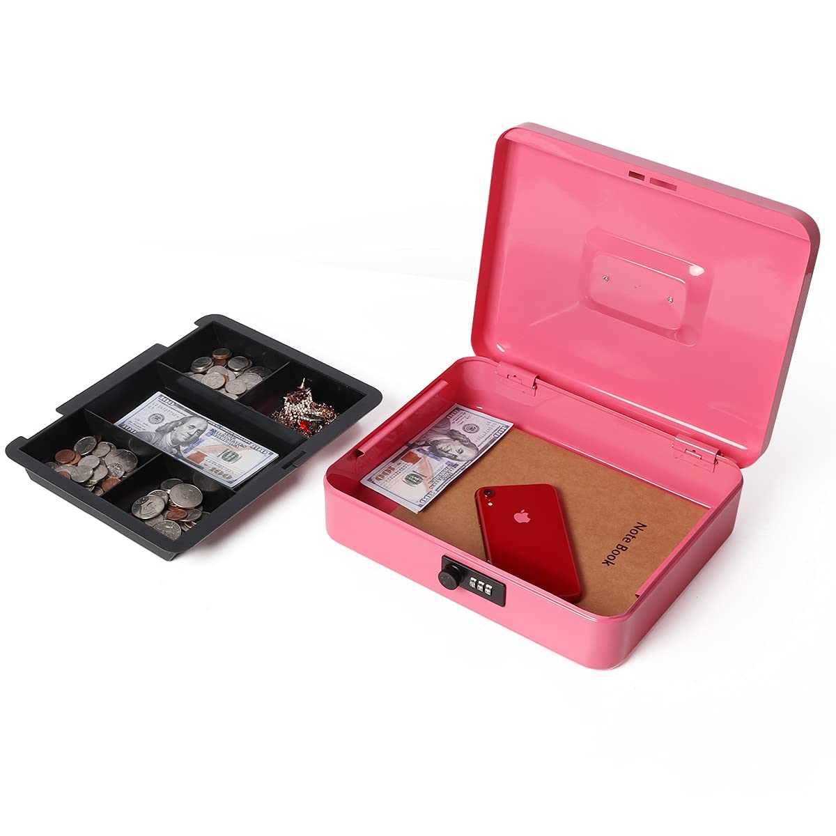 Large Cash Box with Money Tray & Combination Lock - 11.8