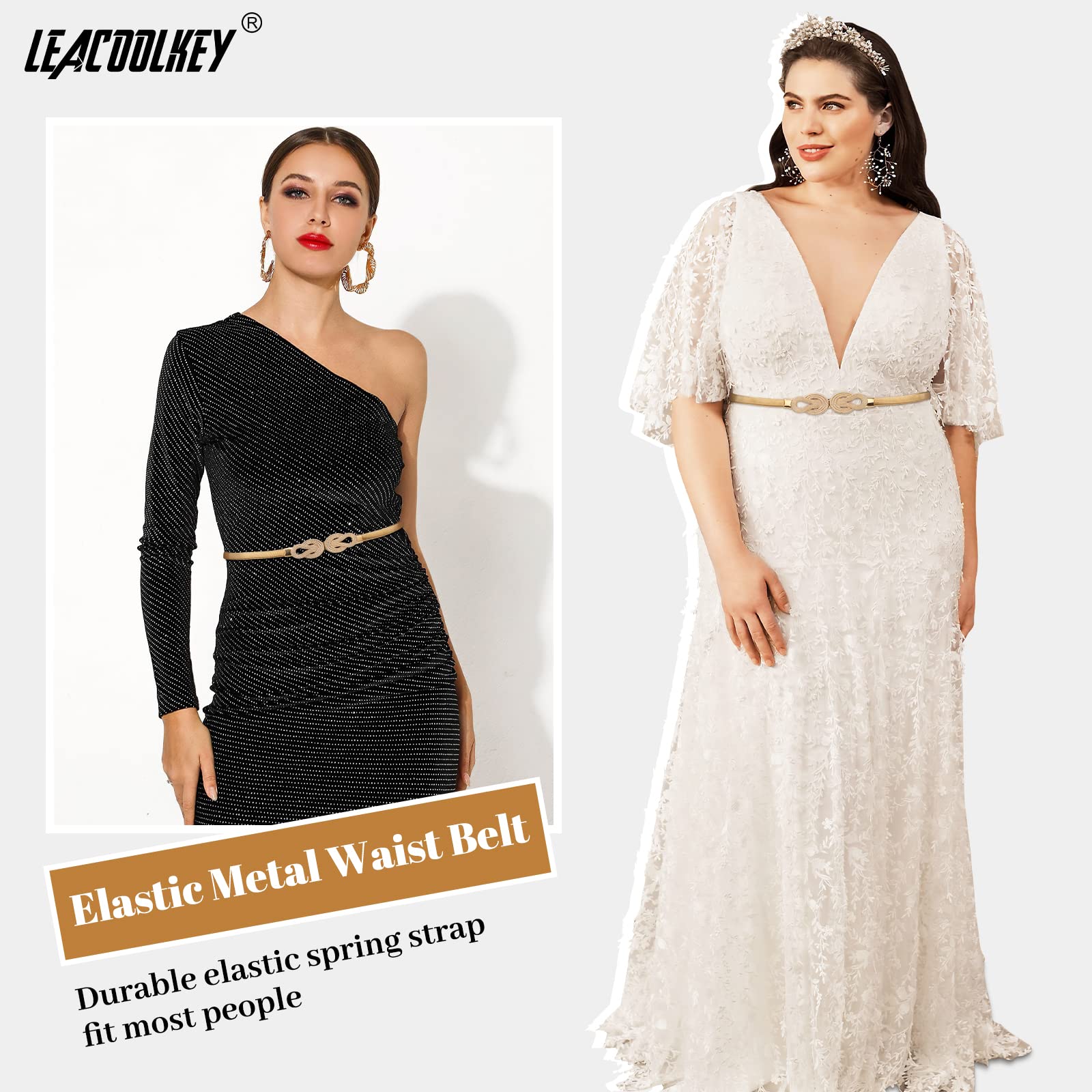 LEACOOLKEY Women's Gold Skinny Belt - Stretchable Metal Waist Belt for Dresses, Elastic Thin Belt for Women, Perfect for Casual, Office & Evening Wear