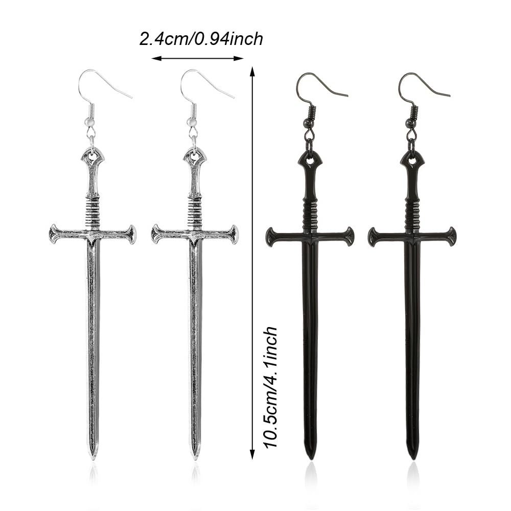 WEENKEEY 2 Pairs Gothic Dagger Sword Earrings - Retro Long Sword Hook Punk Knife Dangle Drop Earrings for Women & Girls (Silver & Black) | Perfect for Halloween, Cosplay, Gothic Fashion and Punk Outfits