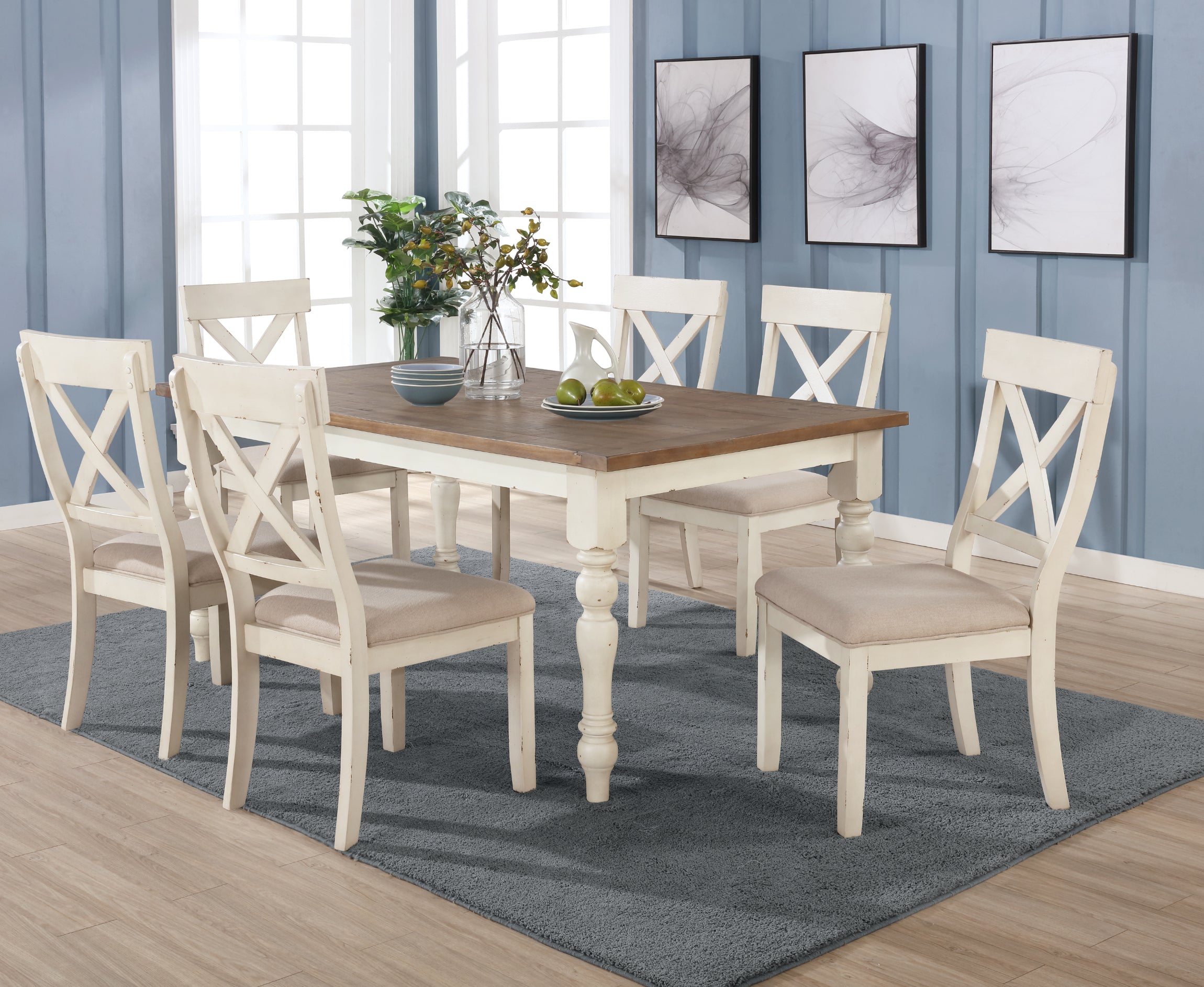 7-Piece Dining Table Set with Cross Back Chairs - Antique White & Distressed Oak Finish | Perfect for Farmhouse, Rustic, and Vintage Home Decor | Ideal for Dining Room, Kitchen, and Entertaining Guests