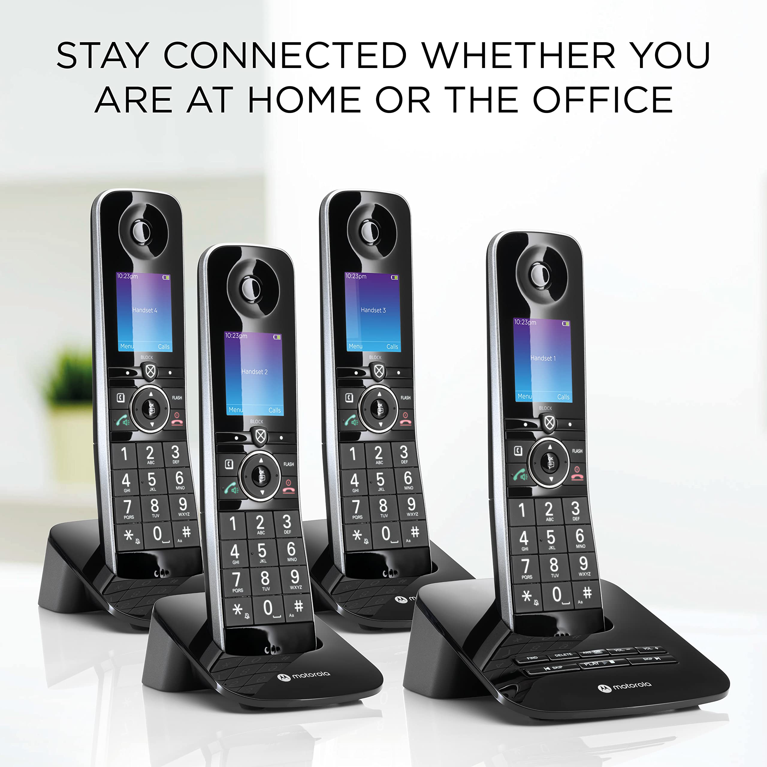Motorola D8714 4-Handset Cordless Phone with Bluetooth, Digital Answering Machine & Call Blocking - Black | Home & Office Communication System