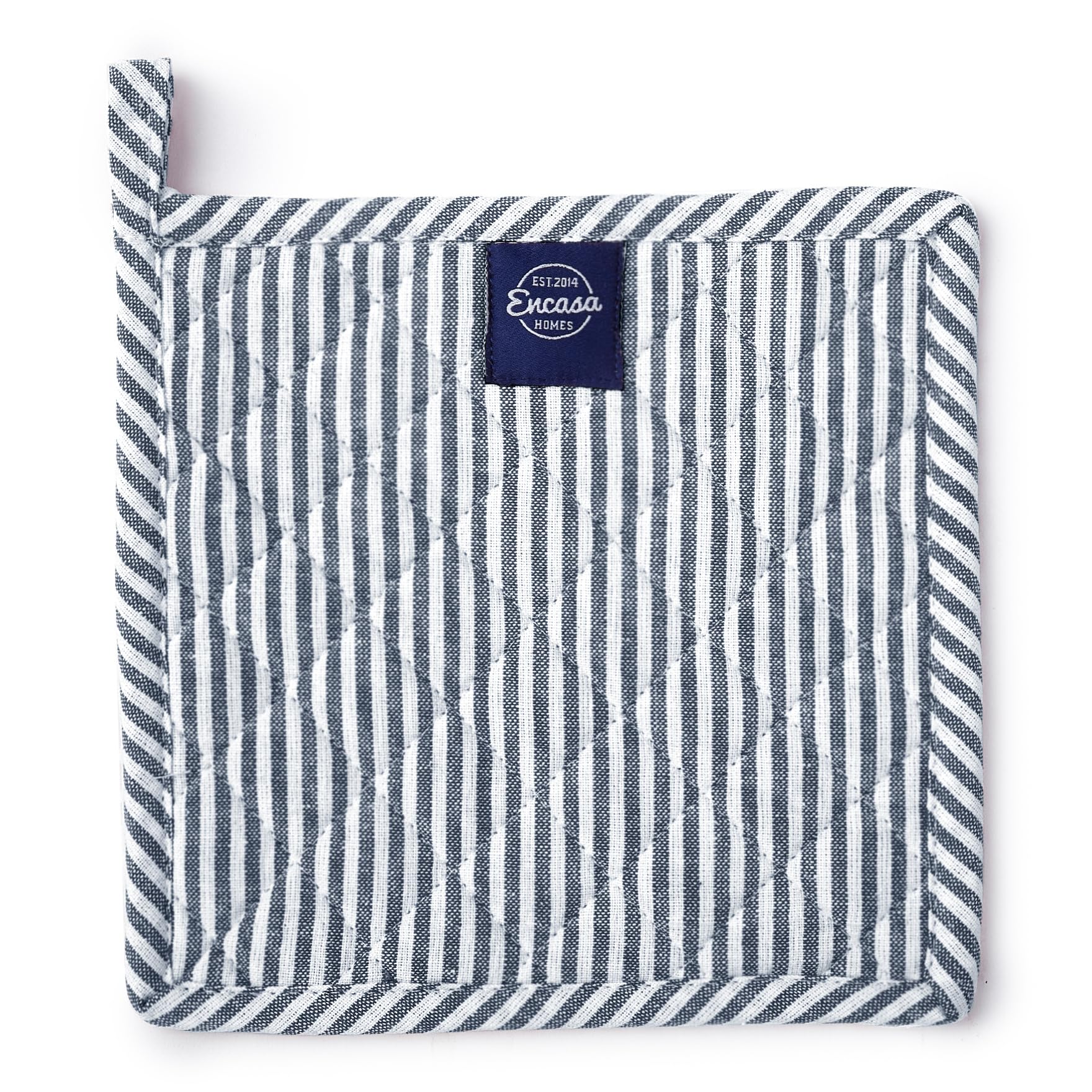 Encasa Homes 8 Inch Heat Resistant Microwave Oven Potholders (2-Piece Set) - Thick & Safe Kitchen Mitts for Cooking, Baking, Grilling - Navy Blue Ticking Pattern - Protect Hands from Hot Pans, Dishes & Baking Trays - Ideal for Home Kitchen, BBQ & Holiday Baking