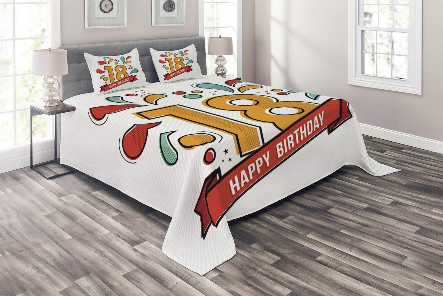 Ambesonne 18th Birthday Bedspread Set - King Size 3-Piece Quilted Coverlet with 2 Pillow Shams, Vibrant Multicolor Digital Print Featuring 'Happy 18th Birthday' Lettering - Perfect for Teen Bedroom Decor, Birthday Gifts & Dorm Room Essentials