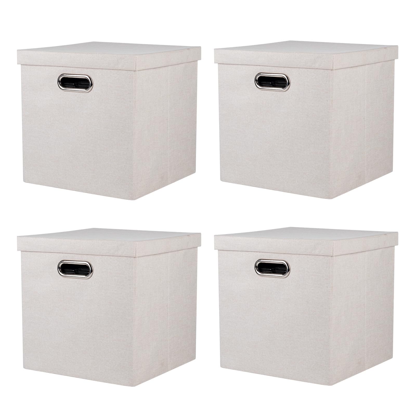 Collapsible Fabric Storage Bins with Lids - 4 Pack Foldable Linen Organizer Boxes for Closet, Shelves, Home & Office (11x11x11 Inches, Beige) | Perfect for Seasonal Clothes, Toys, Blankets & Home Organization
