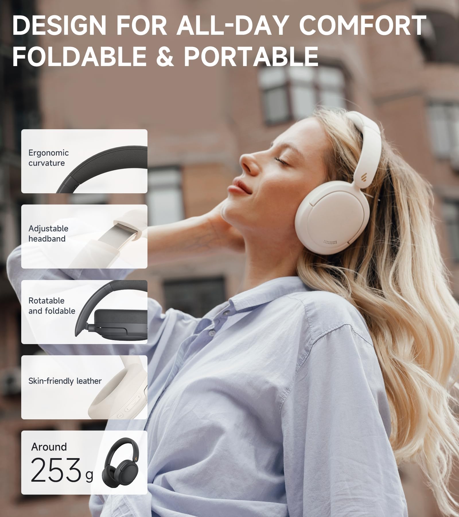 Edifier W800BT Pro Hybrid Active Noise Cancelling Wireless Headphones - Hi-Res Audio, AI Call Noise Reduction, 45H Battery Life, Fast Charging, Foldable Design, Bluetooth 5.4 Over-Ear Headset (Ivory) - Perfect for Travel, Work, and Home Entertainment