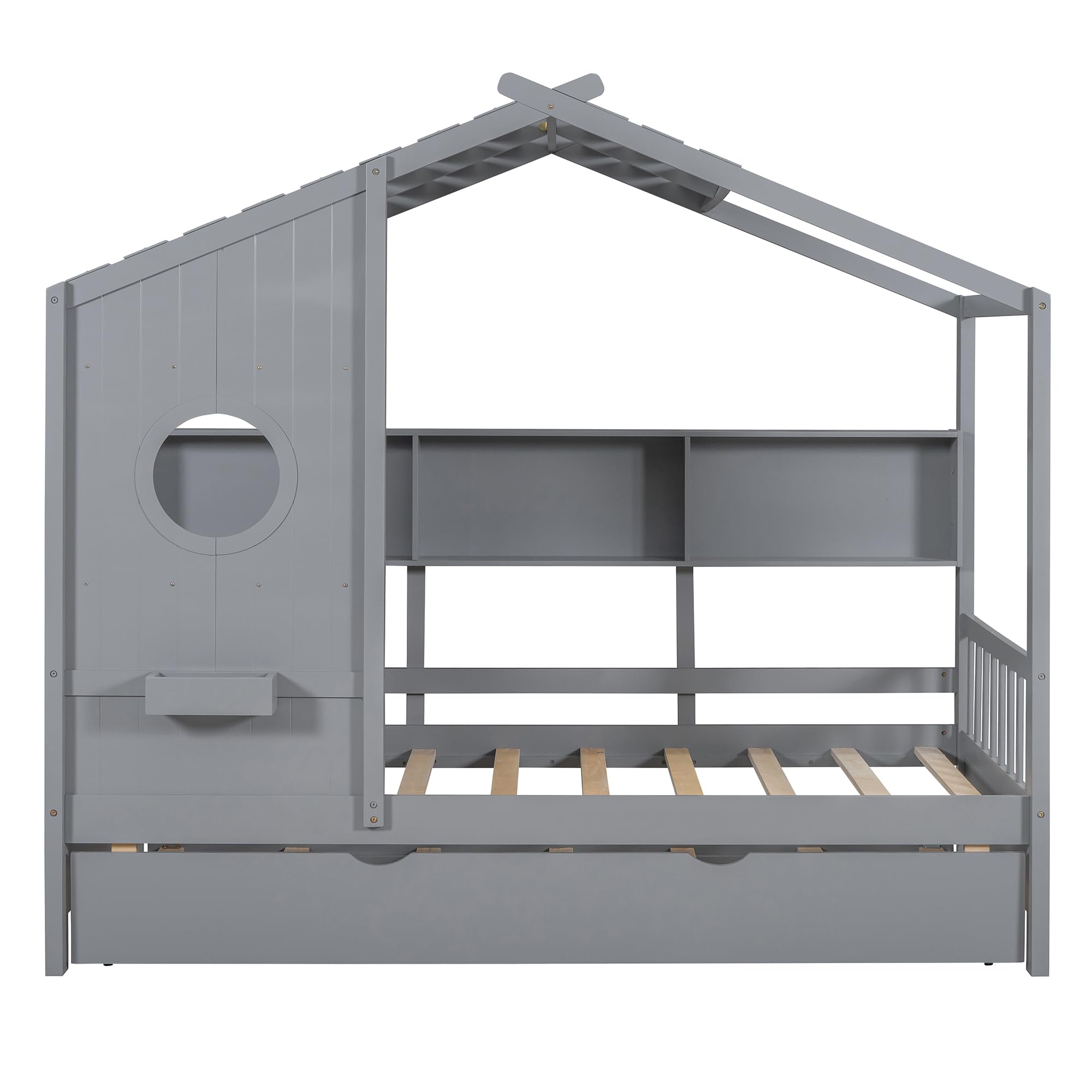 Harper & Bright Designs Twin Size Wooden House Bed with Trundle & Storage Shelf - Gray Platform Bed Frame with Roof for Kids, Boys & Girls - Perfect for Bedrooms, Playrooms & Small Spaces
