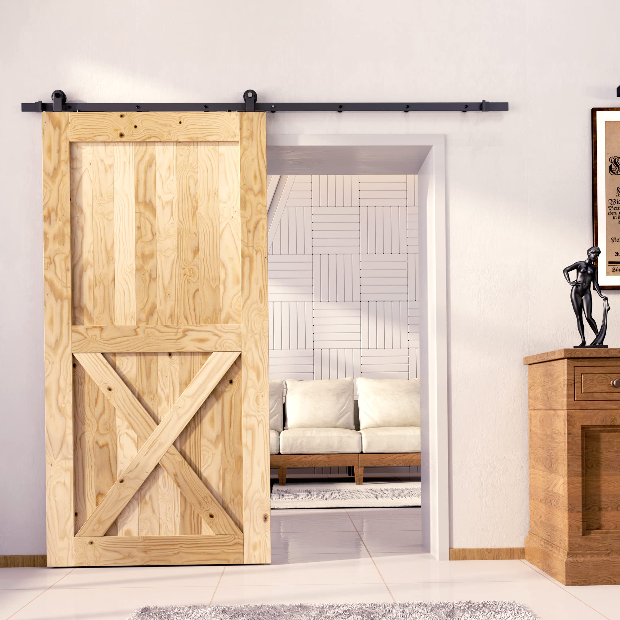 Homacer Black Rustic Non-Bypass Sliding Barn Door Hardware Kit for Single Door - 44in Wide x 84in Tall - 7.5ft Flat Track with T-Shape Rollers - Perfect for Bedroom, Closet & Interior Spaces