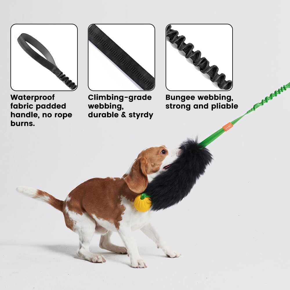 HOWGO Dog Rope Toy - 100% Natural Sheepskin Chew Toy with Authentic Sheep Smell, Durable Bungee Chaser Tug Toy for Small Medium Large Dogs (Black with Ball) - Perfect for Fetch, Training, and Teeth Cleaning Playtime