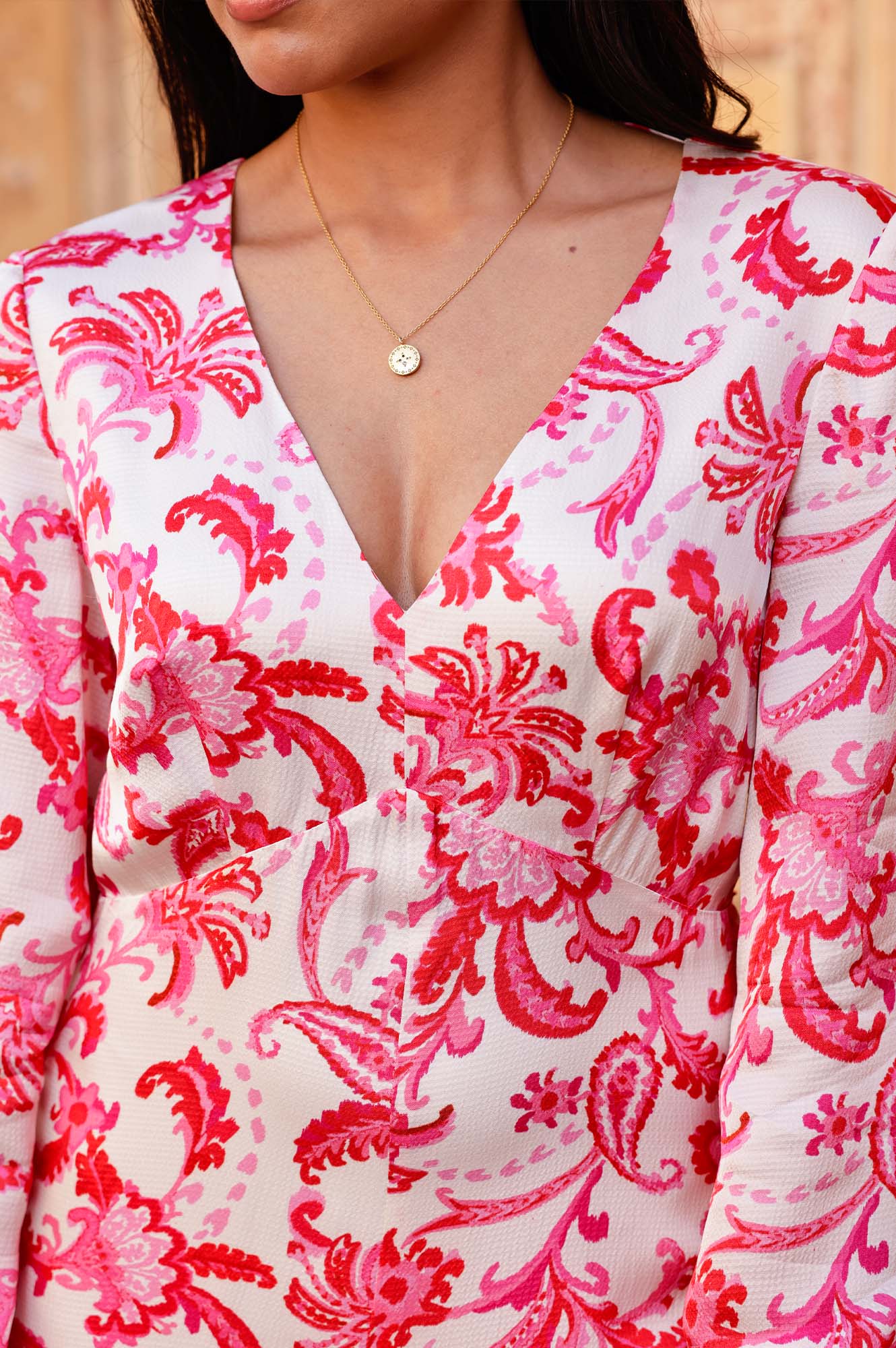 Hannah Satin Dress for Women - Elegant Paisley Floral Print in Cream, Red & Pink Colors | Perfect for Weddings, Parties & Special Occasions