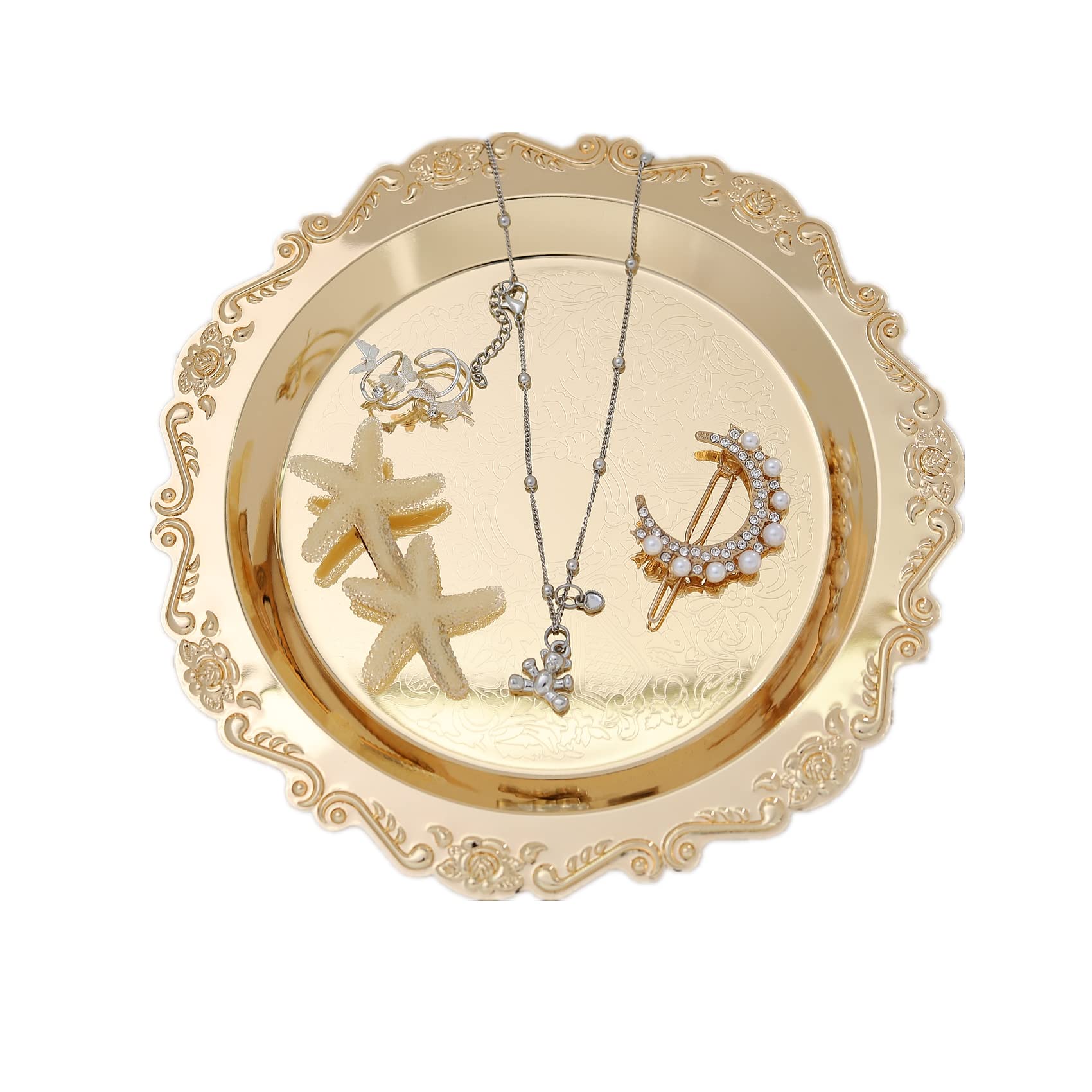 Golden Round Jewelry Organizer Tray - Necklace, Ring, Earring Holder - Decorative Storage Dish for Perfume, Candles, Desserts & Fruits - Perfect for Home Decor, Wedding Gifts & Holiday Parties (Large Size)