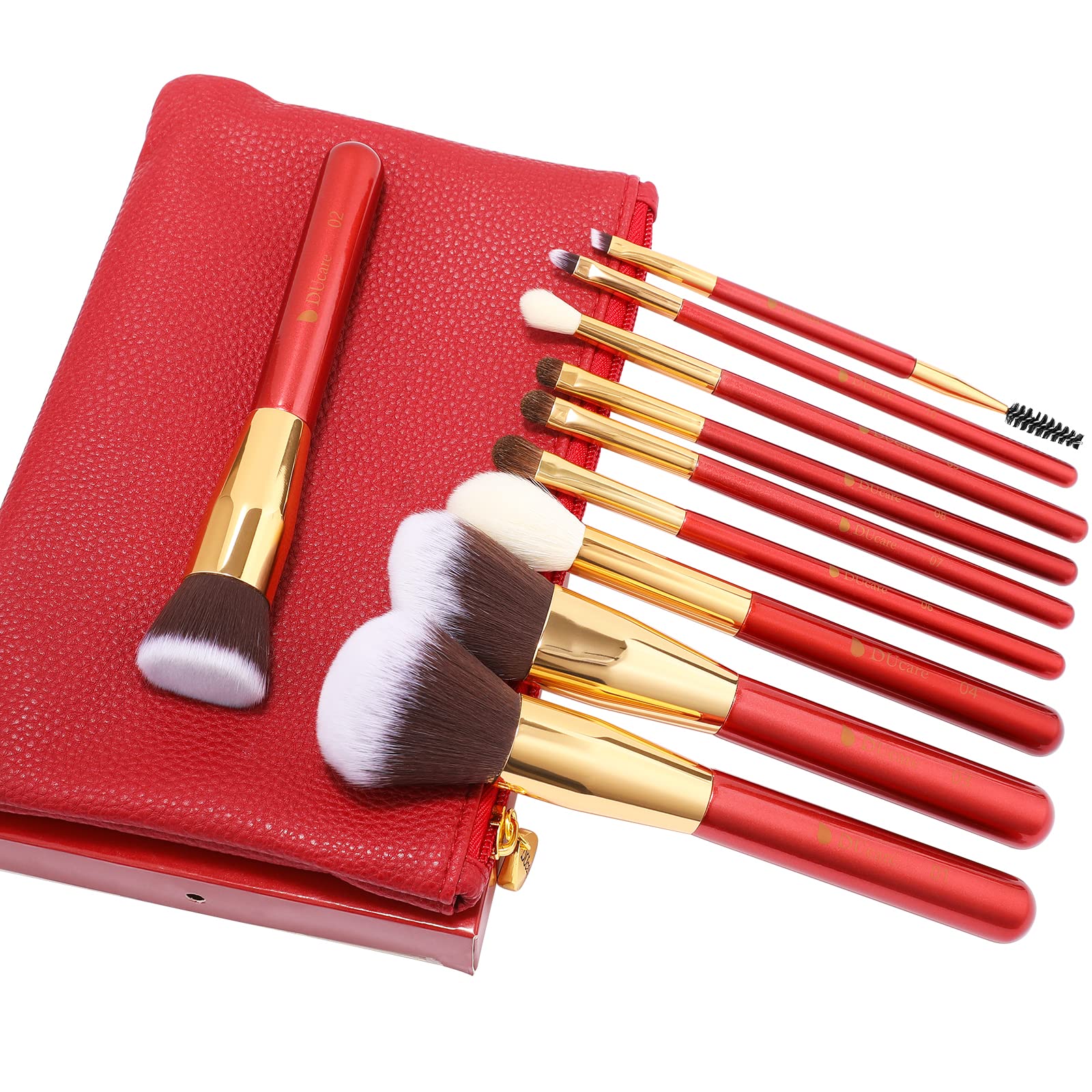 DUcare 10-Piece Premium Makeup Brush Set - Red Synthetic Kabuki, Foundation & Eye Brushes with Travel Case | Perfect for Professional Makeup Artists & Beginners | Home Use, Travel & Salon Makeup Application