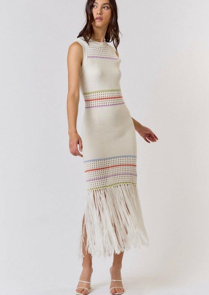 Elegant Cream Striped Knit Maxi Dress for Women - Perfect for Summer Beach Vacations, Casual Outings & Date Nights