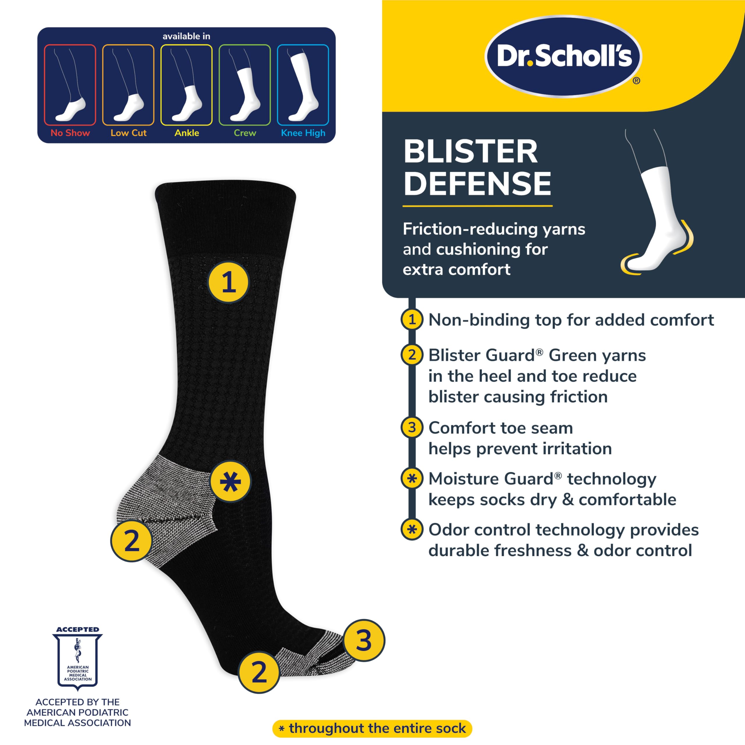 Dr. Scholl's Women's Blister Defense Crew Socks - 2 & 3 Pair Packs - Moisture Wicking, Non-Binding Cushioned Comfort Socks for Running, Hiking & Everyday Wear