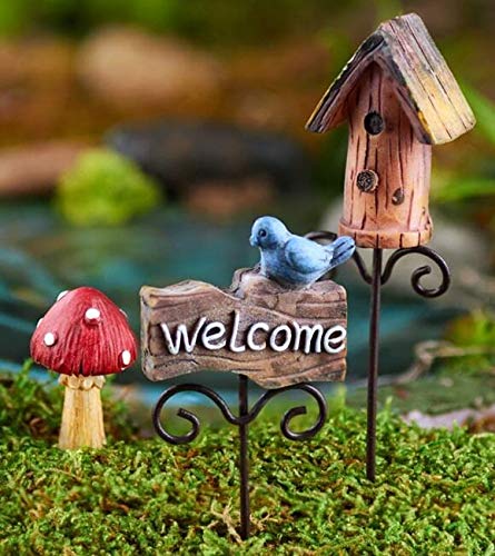 3 Piece Miniature Fairy Garden Set with Birdhouse, Mushroom & Welcome Sign - Perfect for DIY Fairy Gardens, Home Decor & Outdoor Landscaping