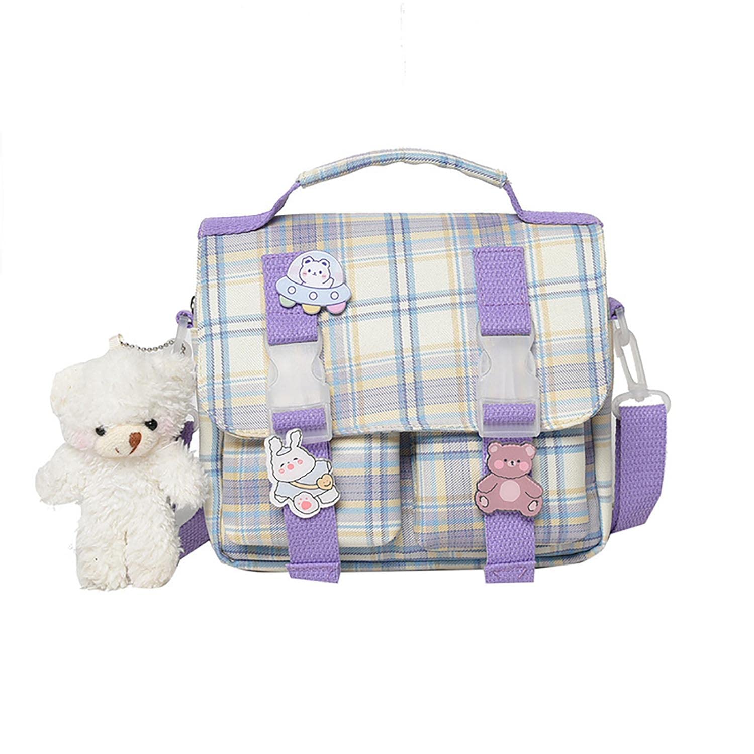 Stylish Plaid Messenger Bag with Adorable Bear Plush Pendant - Cute Aesthetic Lolita Backpack, Handbag & Shoulder Tote for School, Work & Travel | Perfect JK Fashion Accessory