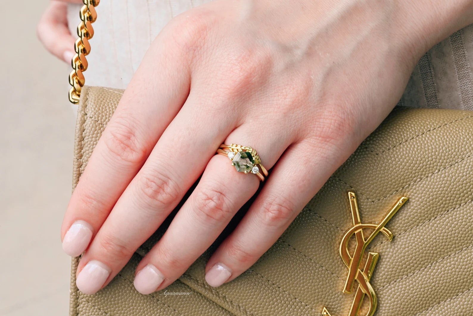 Natural Moss Agate Fairy Leaf Ring Set - 14K Yellow Gold Vermeil Stackable Rings for Women, Nature-Inspired Jewelry for Boho Style & Everyday Wear