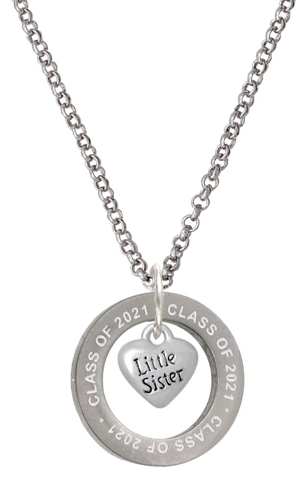 Delight Jewelry Silver-Tone Mini Big/Little Sister Heart Class of 2021 Affirmation Ring Necklace - 23.5 Inch Adjustable Chain - Perfect for Graduation Gifts, Sisterhood Jewelry & Special Occasions