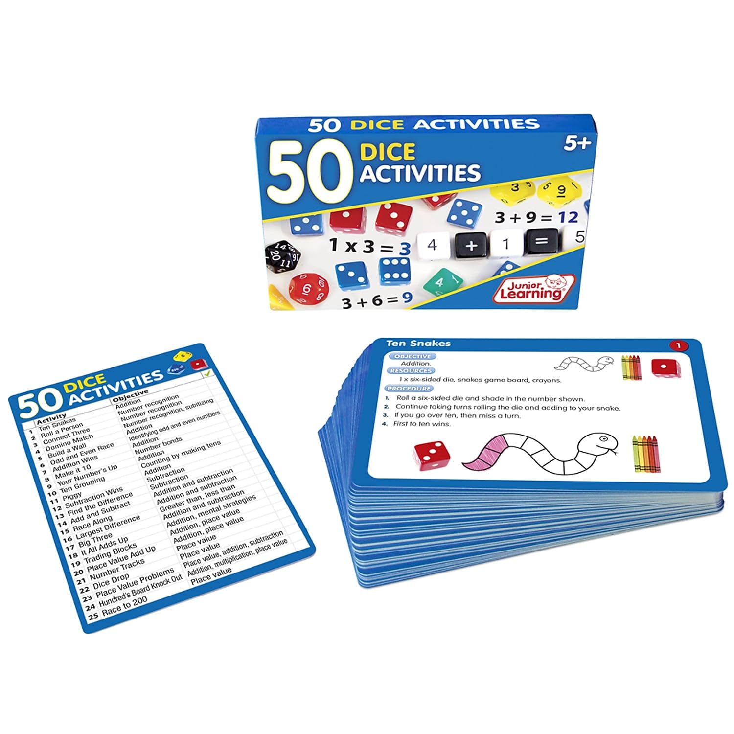 Junior Learning 50 Dice Activities - Math & Educational Games for Kids Ages 5-10 | Fun Classroom & Homeschool Learning Games for Counting, Addition & Subtraction