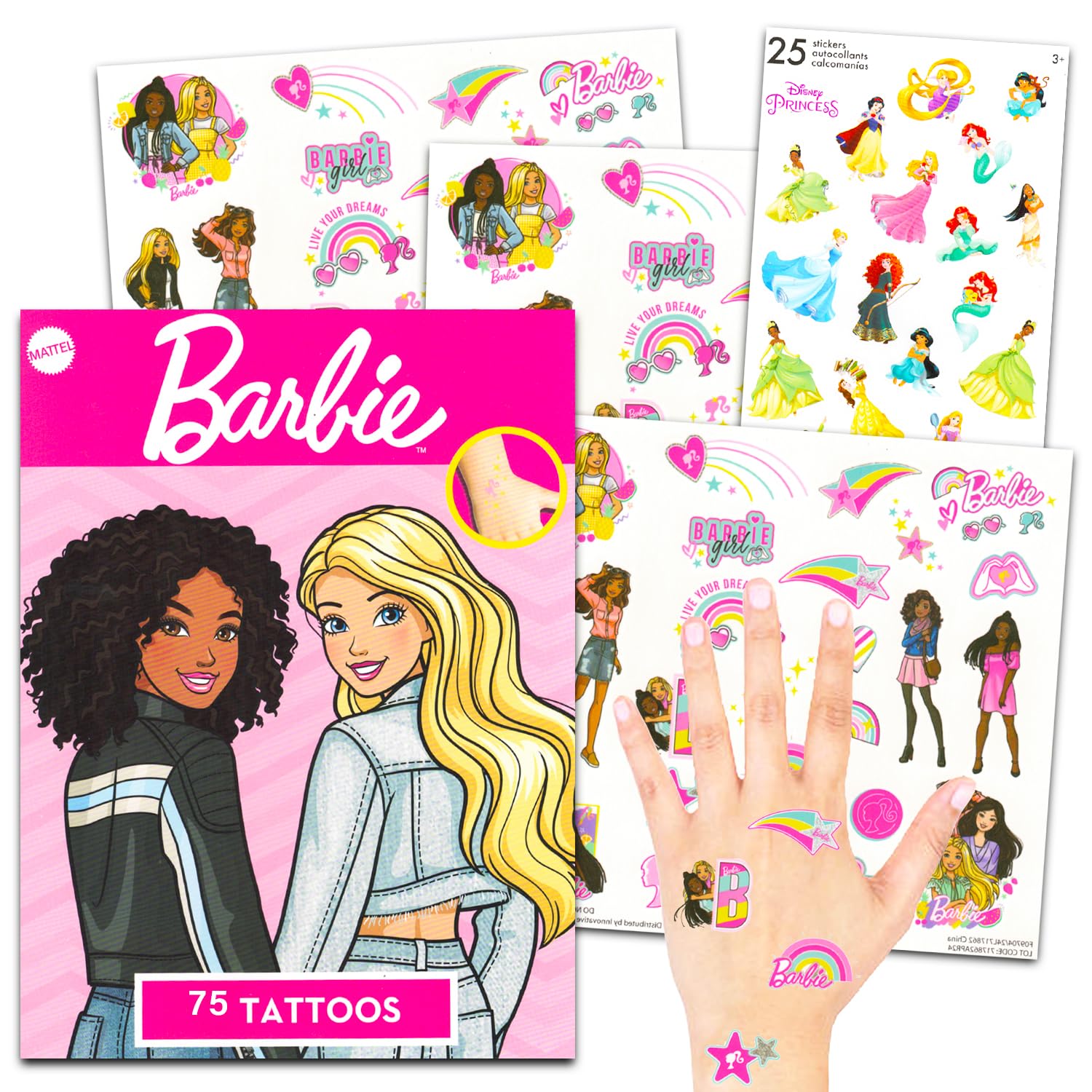 Barbie Temporary Tattoo Set - 75 Fun Barbie Tattoos for Kids Party Favors, Goodie Bag Fillers & Birthday Supplies | Perfect for Barbie Themed Parties, Girls Birthday Decorations & Dress-Up Play