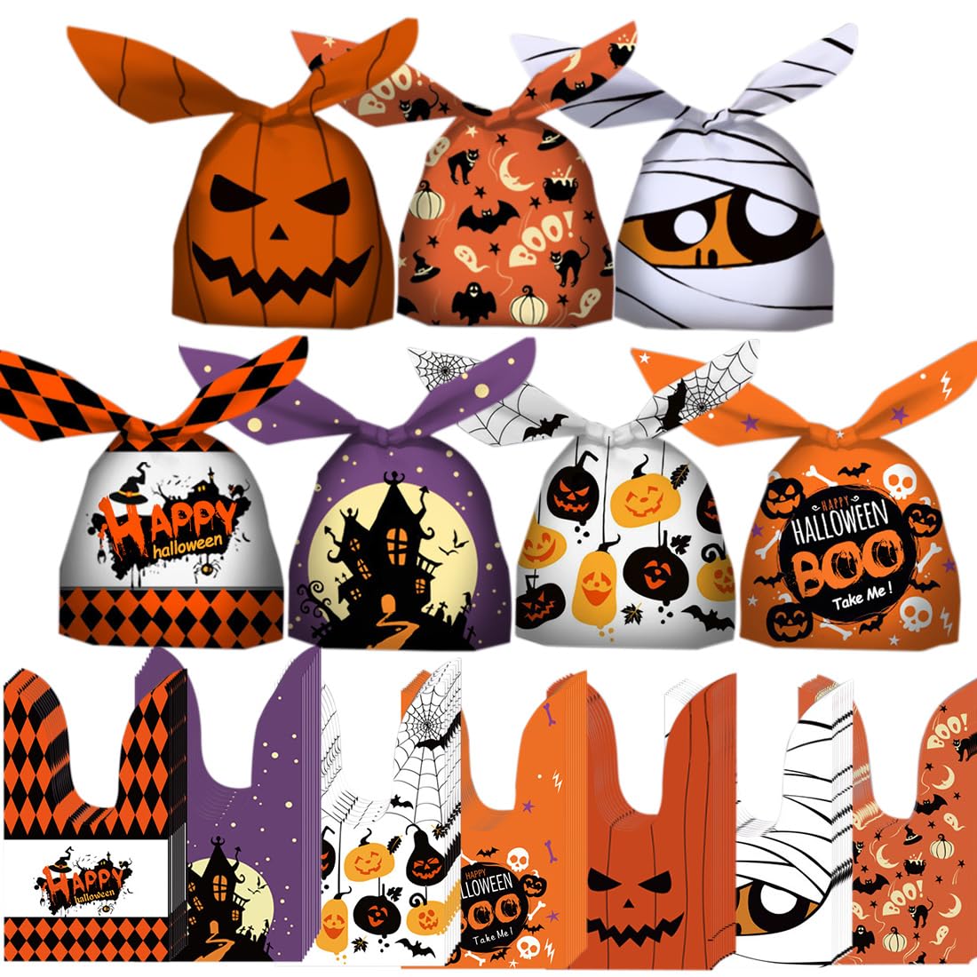 100PCS Halloween Treat Bags - 7 Fun Designs Plastic Candy Bags for Kids Trick or Treat | Halloween Party Favors, Goodie Bags & Party Supplies | Perfect for Classroom Treats, Neighborhood Halloween Events & Costume Parties