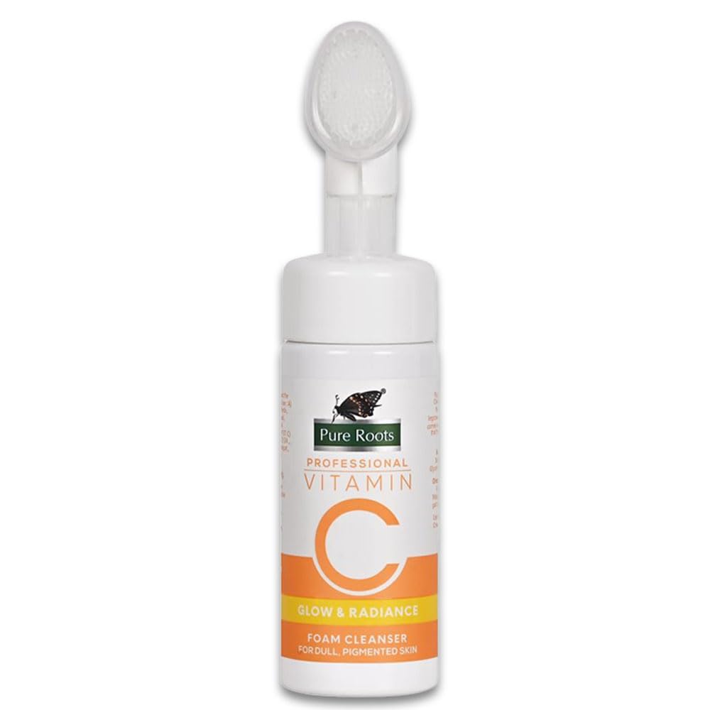 Pure Roots Vitamin C Foam Cleanser with Silicone Brush for Men & Women | Paraben & Sulfate Free Face Wash | Deep Cleansing for Glowing Skin | 150ml | Perfect for Daily Skincare & Travel