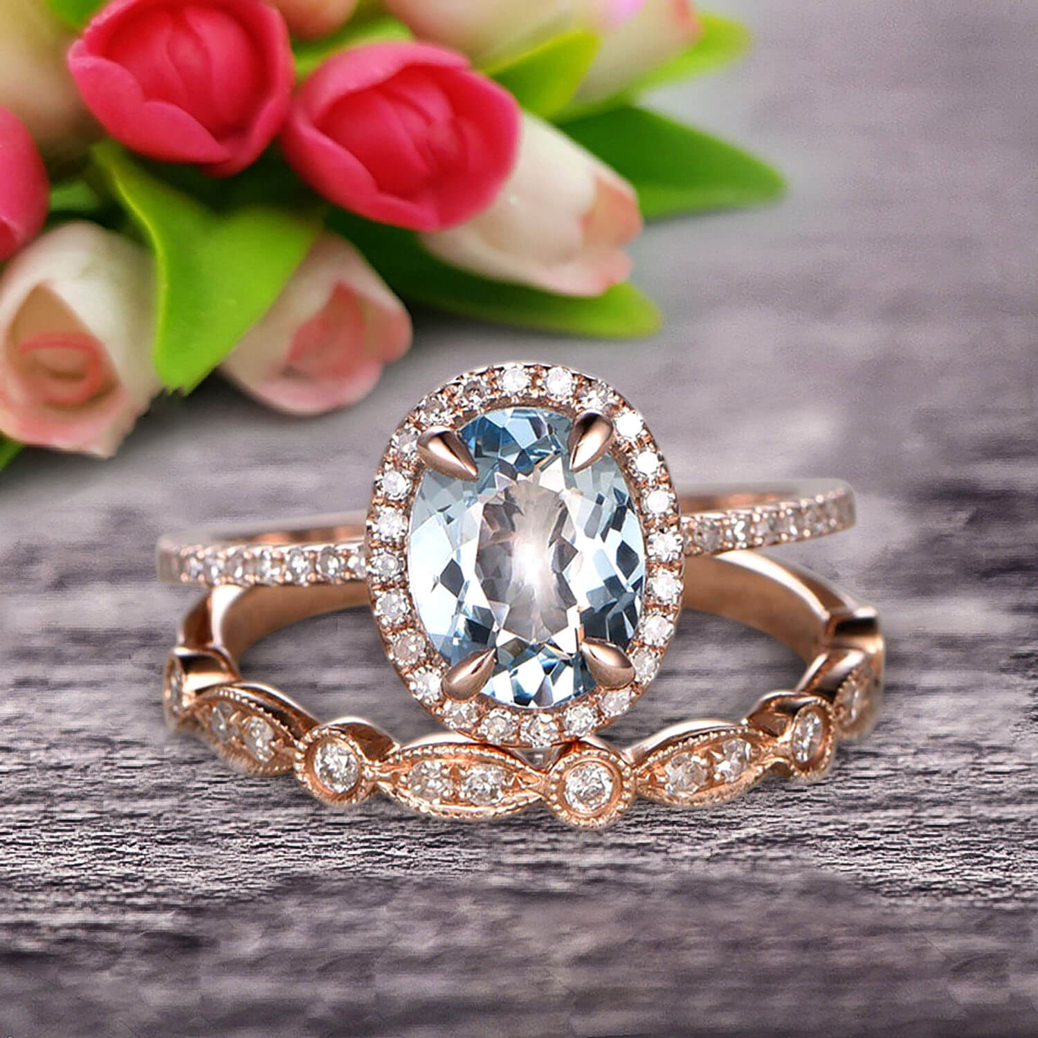 1.75 Carat Oval Cut Aquamarine Bridal Ring Set with Matching Wedding Band in 10k Rose Gold - Art Deco Style Engagement Ring for Women - Perfect for Proposals, Weddings & Anniversary Gifts