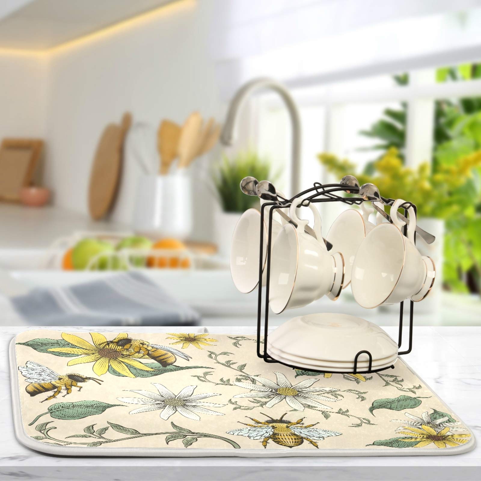 Retro Honey Bees and Flowers Dish Drying Mat - 18x24 Inch Soft, Foldable, Absorbent Kitchen Countertop Pad | Perfect for Drying Dishes, Utensils, and Protecting Countertops